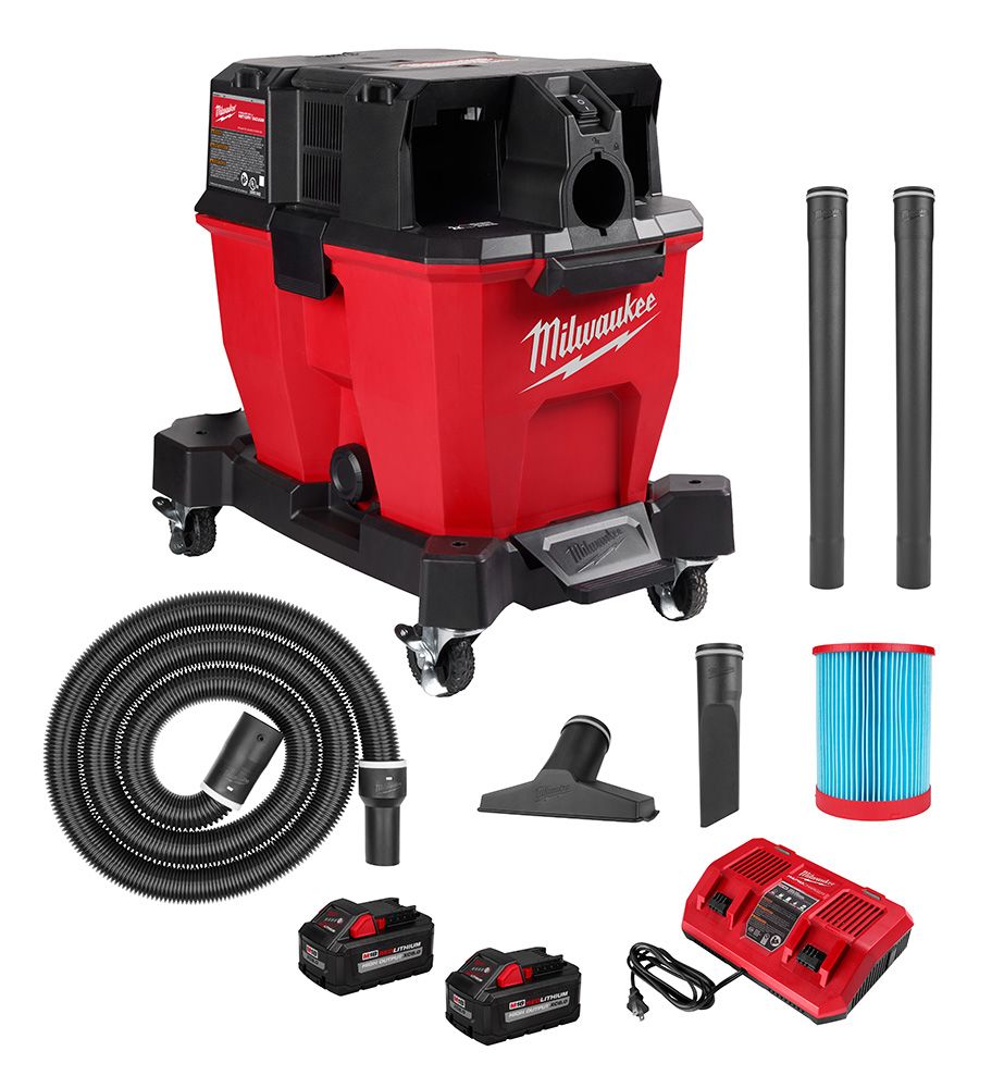 MILWAUKEE M18 FUEL WET / DRY VACCUM KIT (9 GALLON) w/ (2) 8.0ah BATTERIES & HOSE ATTACHMENTS - Kilrich Building Centres