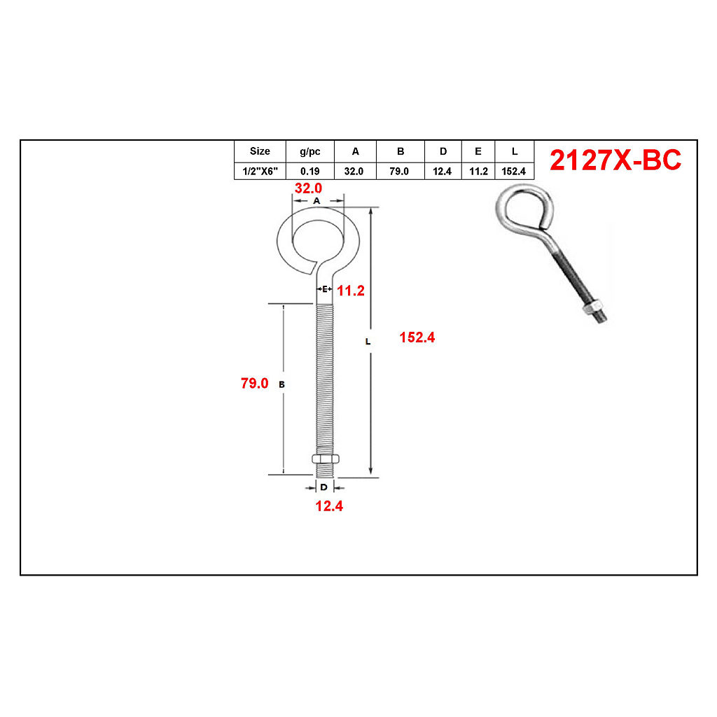 Main 2 - 6" - 1/2" EYE-BOLT w/ NUT - ZINC-COATED -