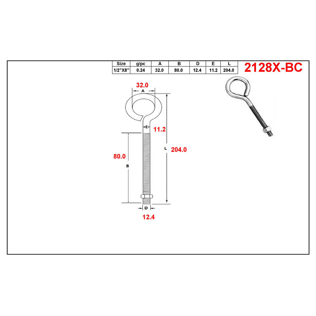 Main 2 - 8" - 1/2" EYE-BOLT w/ NUT - ZINC-COATED -