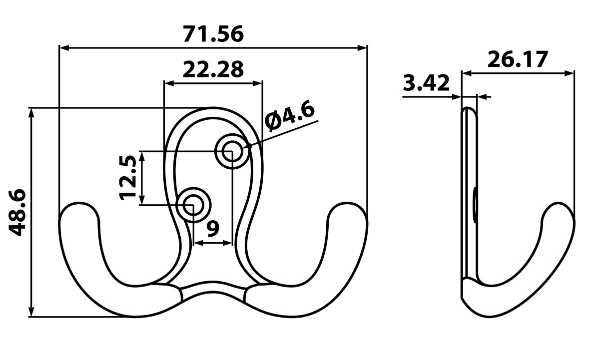 Main 2 - 3" DOUBLE WARDROBE HOOK - ANTIQUE NICKEL -