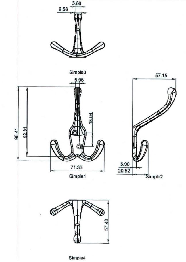 Main 2 - 4-1/2" HEAVY-DUTY TRIPLE COAT HOOK - ANTIQUE NICKEL -