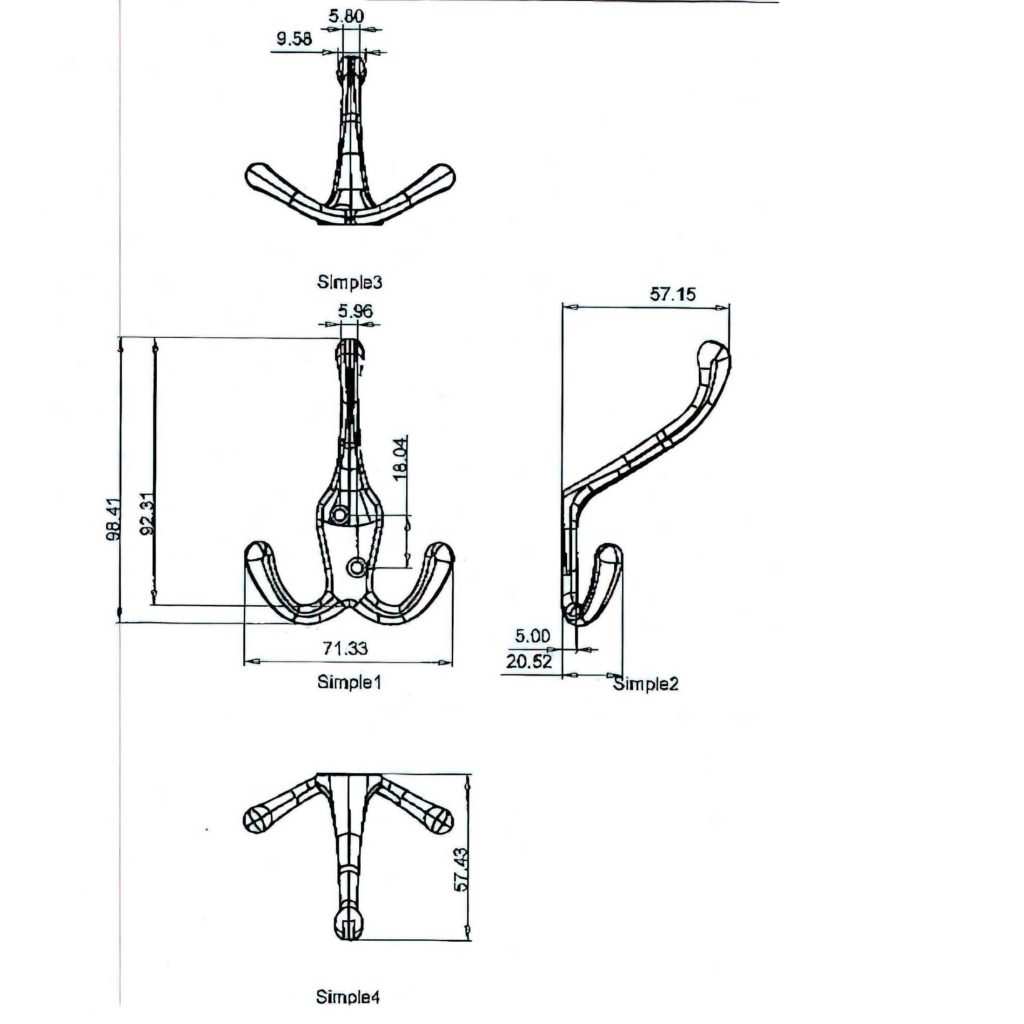 Main 2 - 4-1/2" HEAVY-DUTY TRIPLE COAT HOOK - BRUSHED NICKEL -