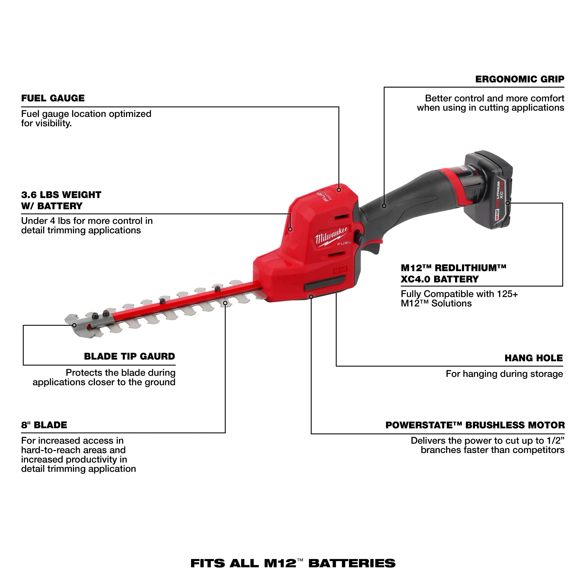 Main 3 - MILWAUKEE M12 FUEL 8" HEDGE TRIMMER KIT w/ XC4.0 BATTERY PACK & CHARGER -
