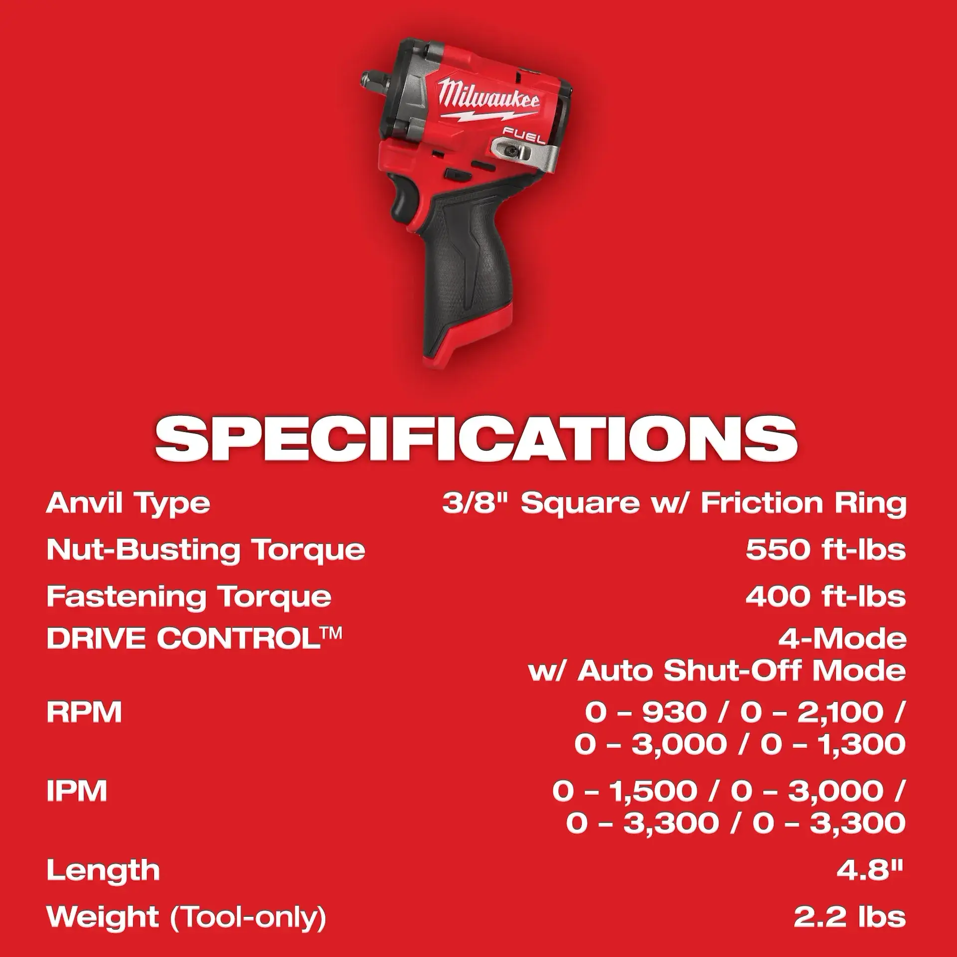 Main 4 - MILWAUKEE M12 FUEL STUBBY 3/8" IMPACT WRENCH (TOOL ONLY) -