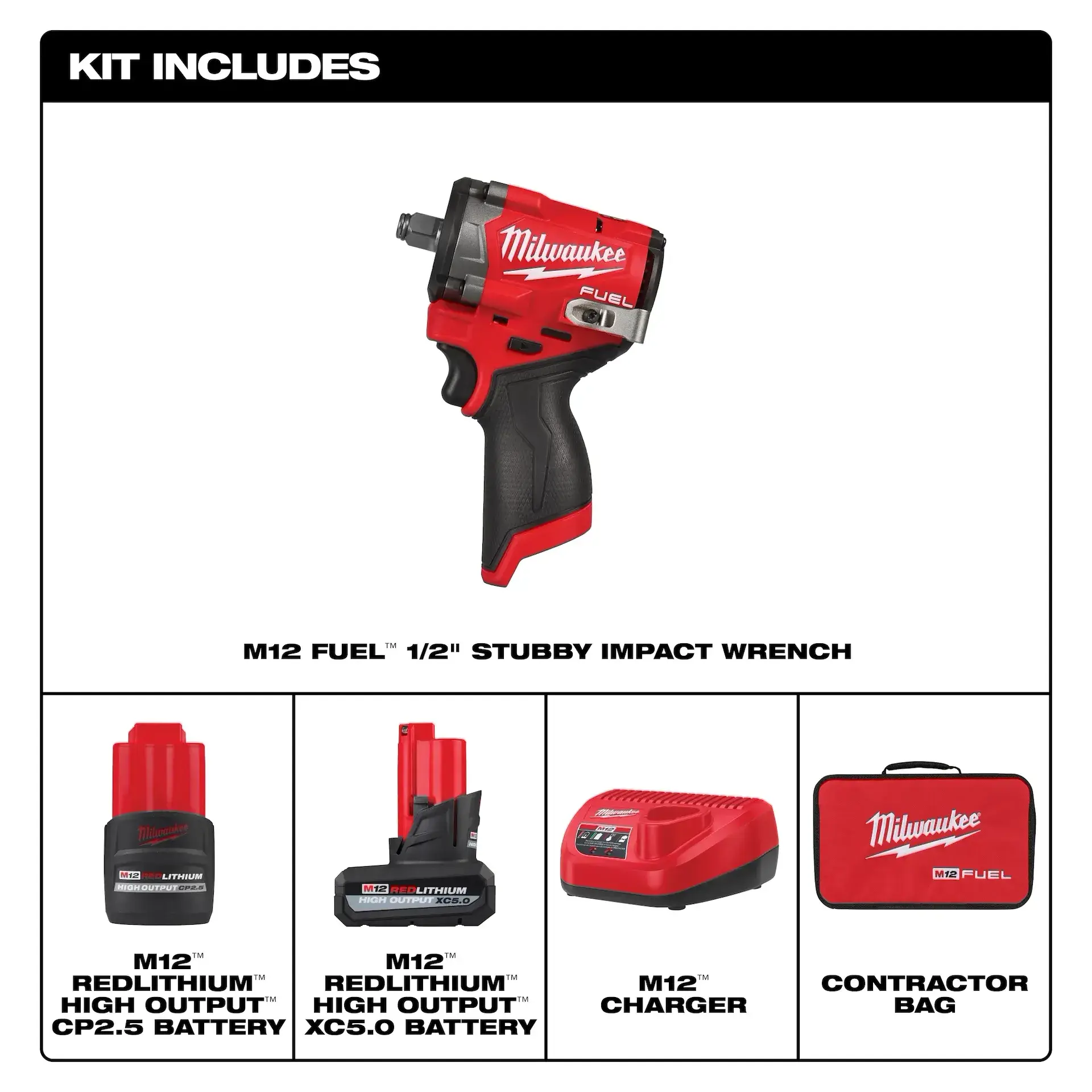 Main 4 - MILWAUKEE M12 FUEL 1/2" STUBBY IMPACT WRENCH KIT w/ 2 BATTERIES, M12 CHARGER & CONTRACTOR BAG -