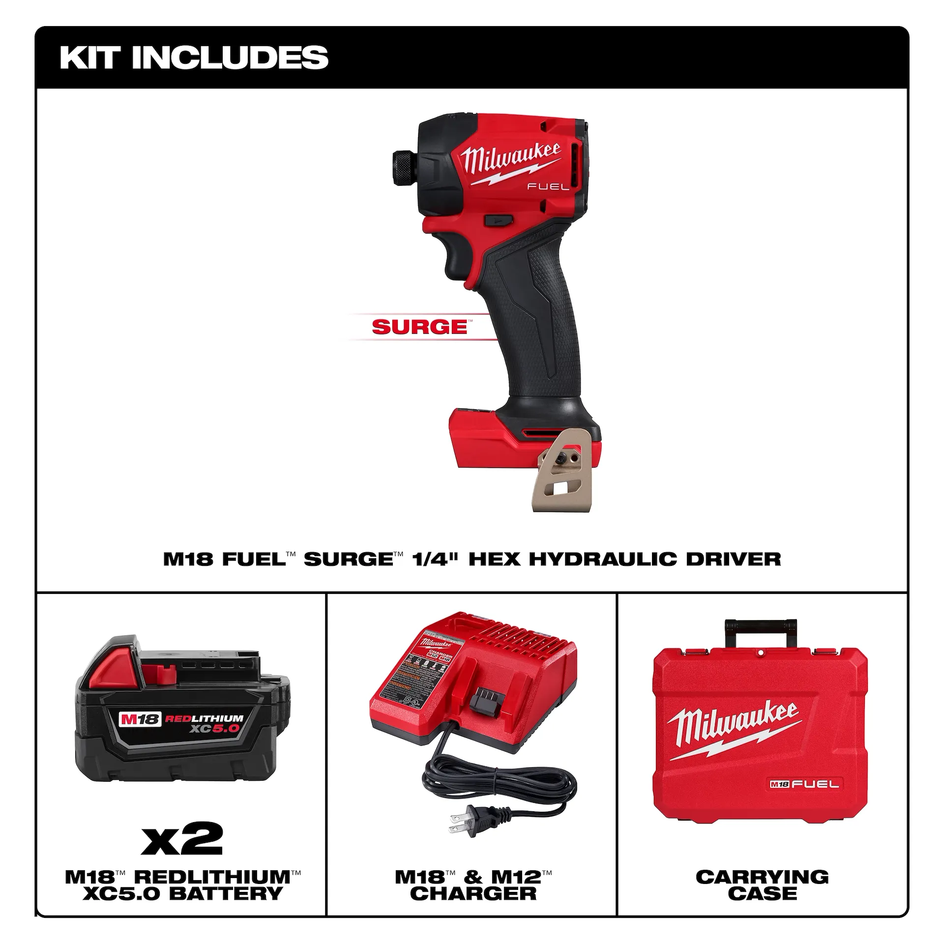 Main 2 - MILWAUKEE M18 FUEL GEN II SURGE 1/4" HEX HYDRAULIC DRIVER KIT w/ XC5.0 BATTERY & MULTI-VOLTAGE CHARGER -