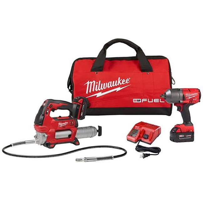 MILWAUKEE M18 FUEL 1/2” HIGH TORQUE IMPACT WRENCH KIT w/ XC5.0 BATTERY, CHARGER & GREASE GUN - Kilrich Building Centres