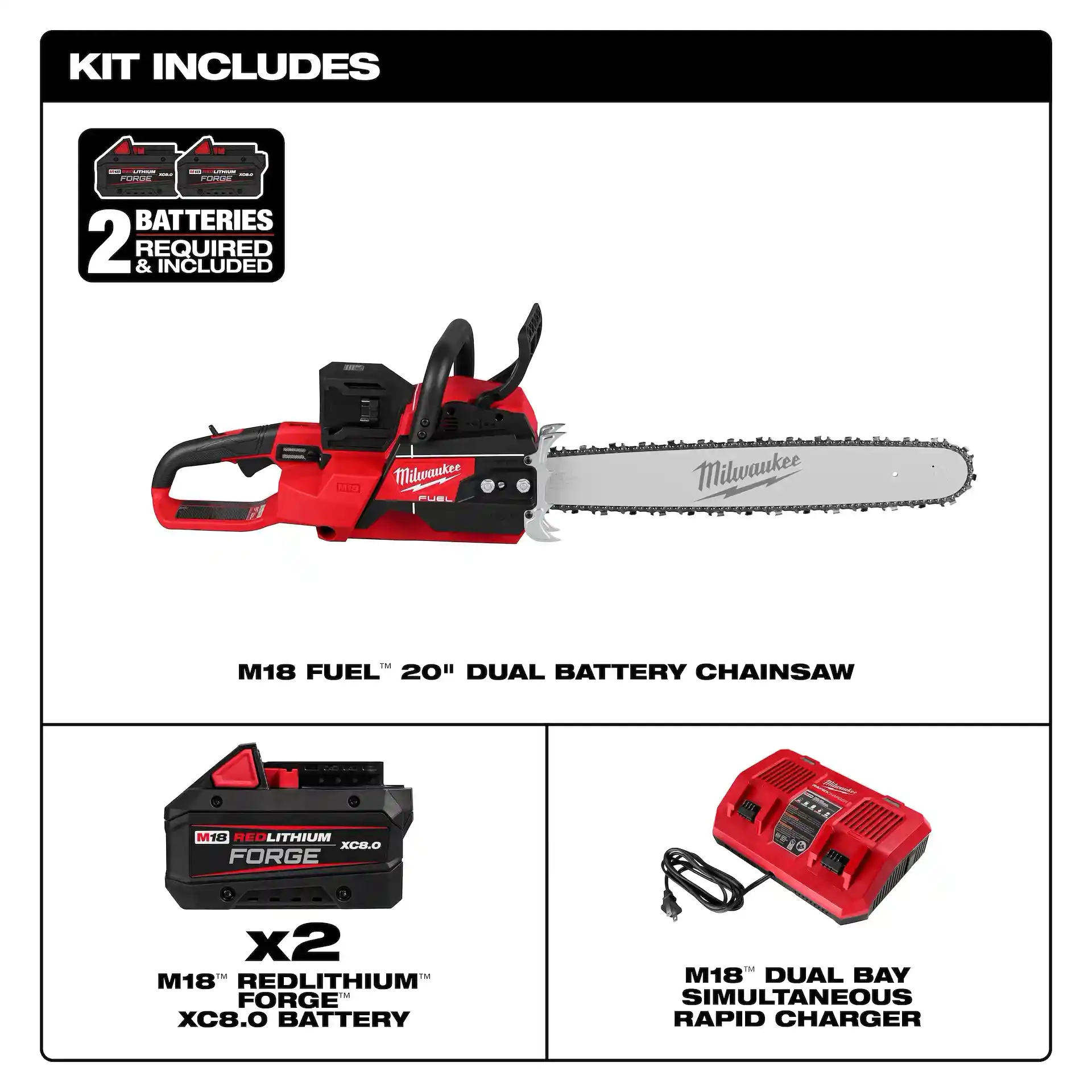 Main 3 - MILWAUKEE 20" M18 FUEL DUAL BATTERY CHAINSAW KIT w/ (2) XC8.0 BATTERIES & CHARGER -