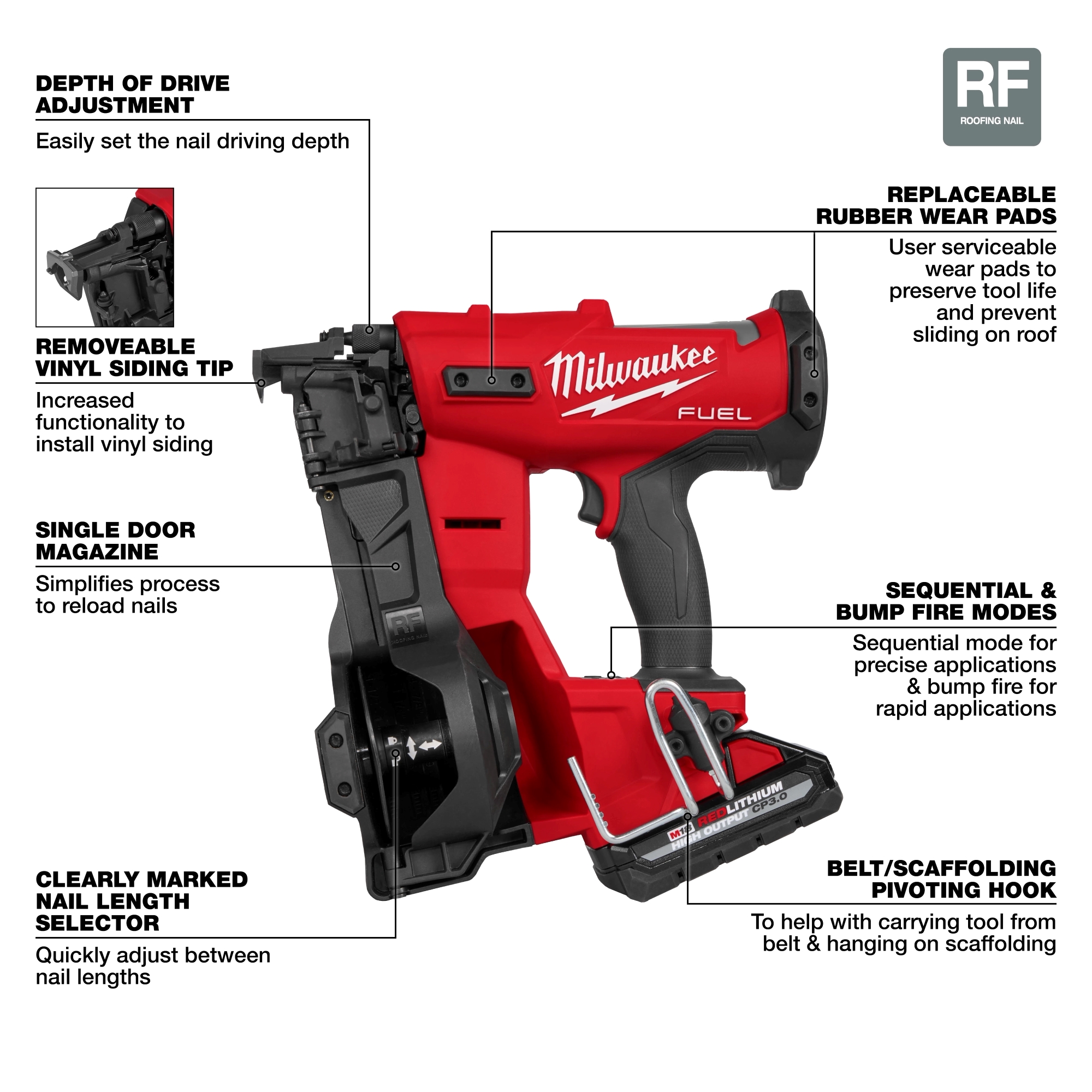 Preview 4 - MILWAUKEE M18 FUEL COIL ROOFING NAILER KIT w/ CP3.0 BATTERY & MULTI-VOLTAGE CHARGER -