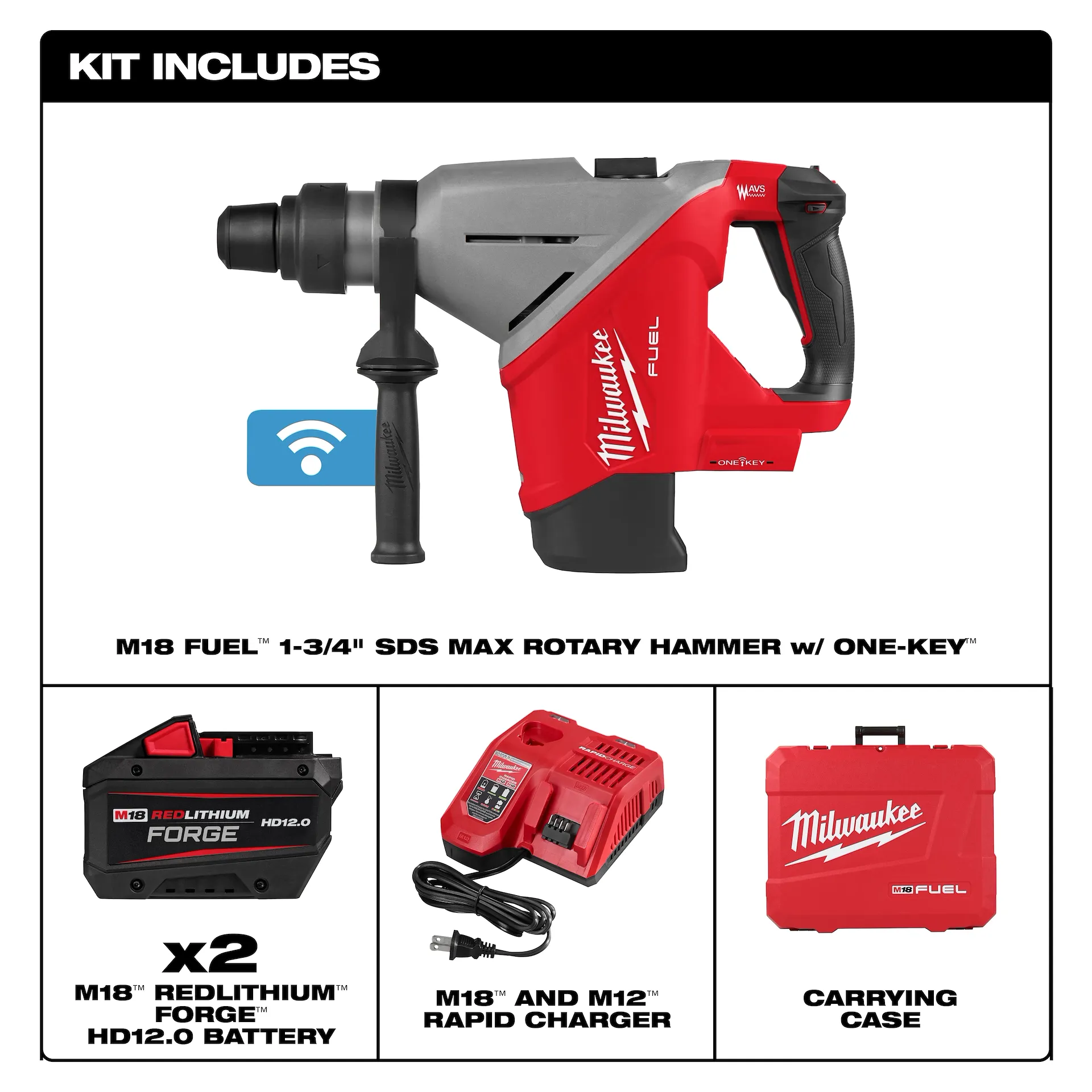 Main 3 - MILWAUKEE M18 FUEL 1-3/4" SDS MAX ROTARY HAMMER KIT w/ (2) HD12.0 BATTERIES -