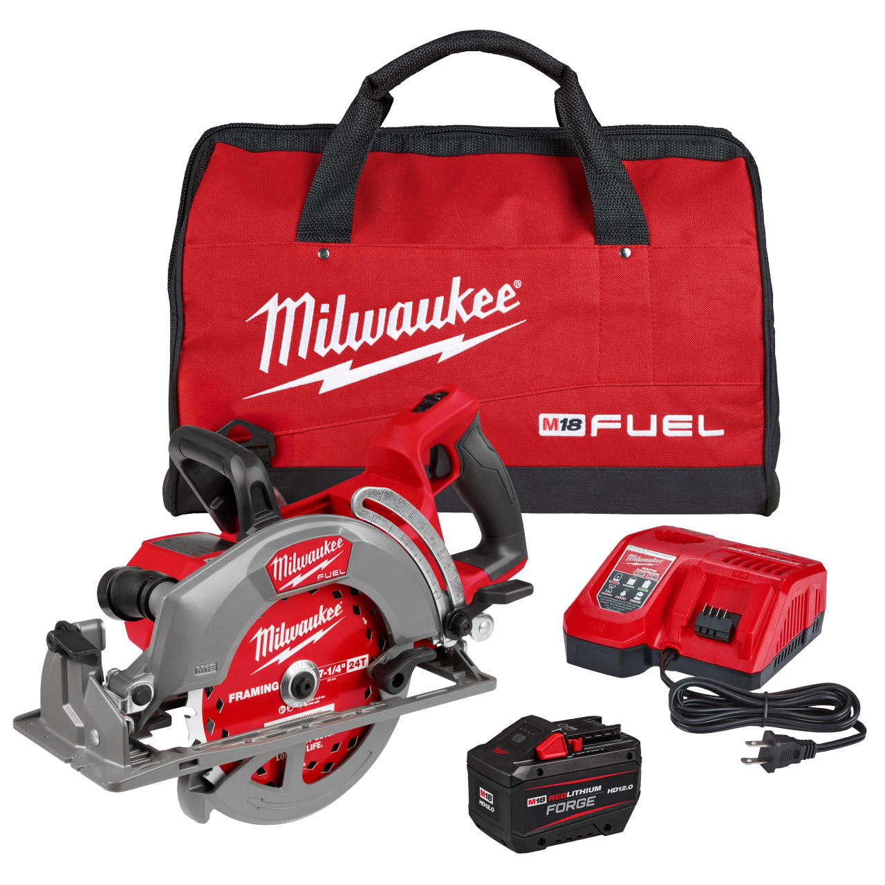 MILWAUKEE M18 FUEL 7-1/4" REAR HANDLE CIRCULAR SAW KIT w/ HD12.0 BATTERY, CHARGER & CARRYING CASE - Kilrich Building Centres