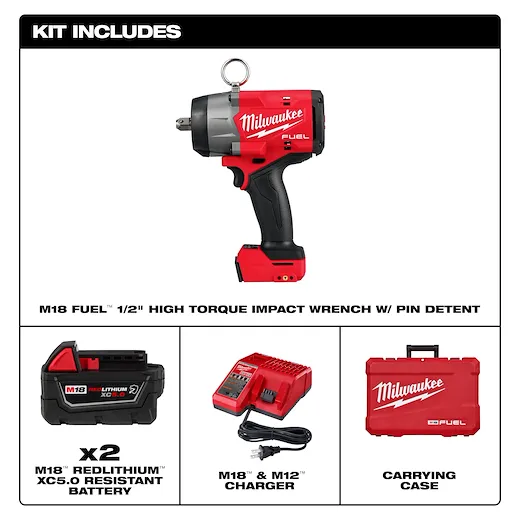 Main 3 - MILWAUKEE M18 FUEL 1/2" HIGH-TORQUE IMPACT WRENCH KIT w/ PIN DETENT, (2) XC5.0 BATTERIES & CHARGER -