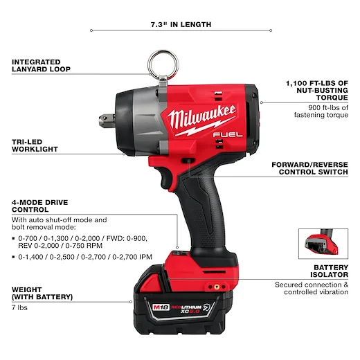 Main 2 - MILWAUKEE M18 FUEL 1/2" HIGH-TORQUE IMPACT WRENCH KIT w/ PIN DETENT, (2) XC5.0 BATTERIES & CHARGER -