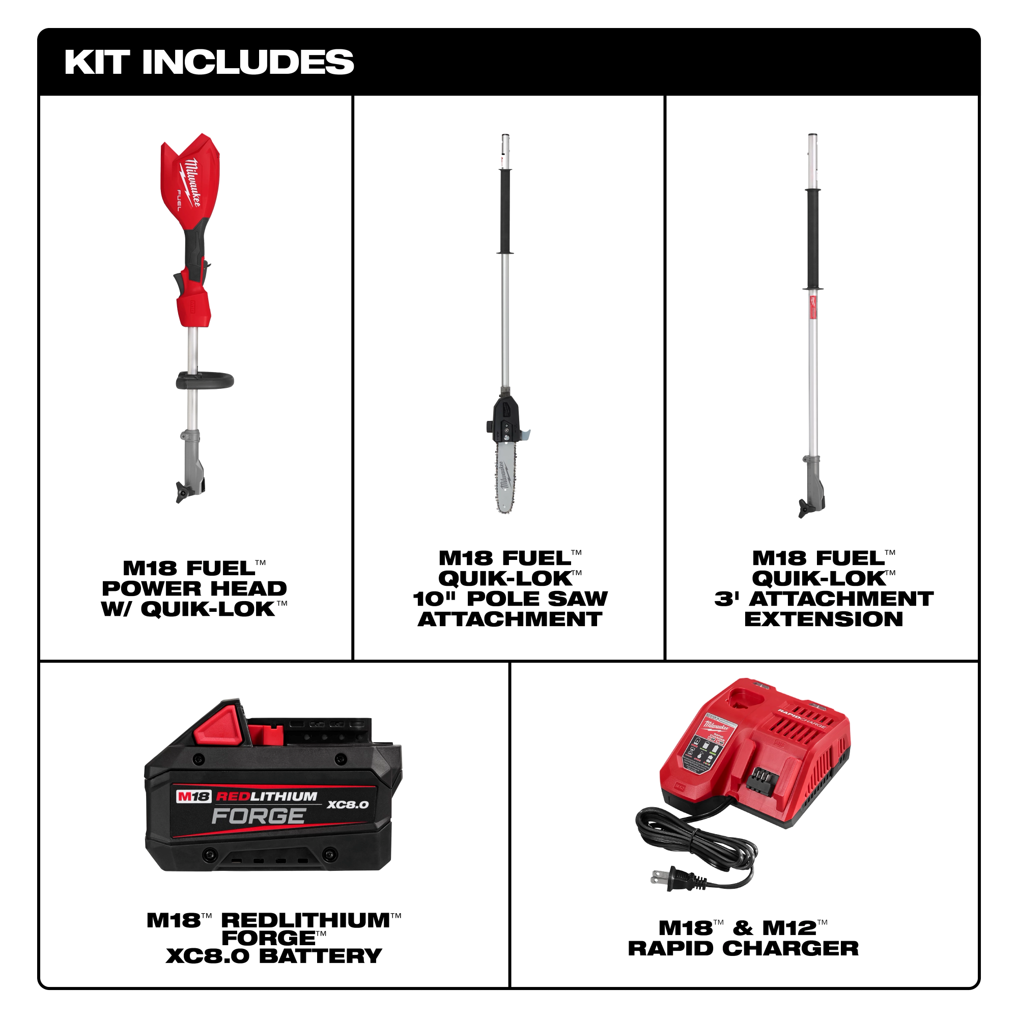 Main 2 - MILWAUKEE M18 FUEL GEN II 10" POLE SAW KIT w/ QUIK-LOK ATTACHMENT CAPABILITY, XC8.0 BATTERY & CHARGER -
