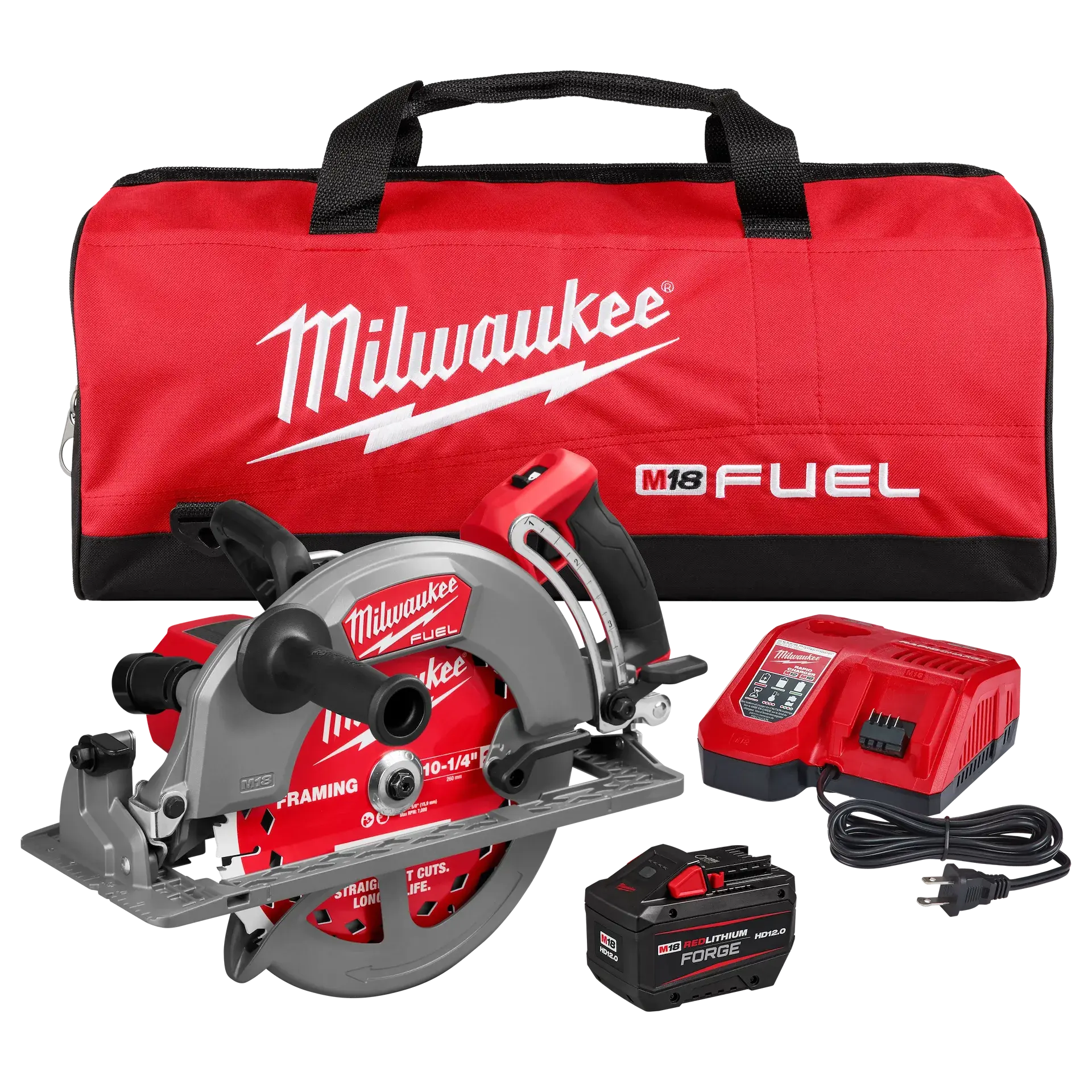 MILWAUKEE M18 FUEL 10-1/4" REAR HANDLE CIRCULAR SAW KIT w/ HD12.0 BATTERY, CHARGER & CARRYING CASE - Kilrich Building Centres