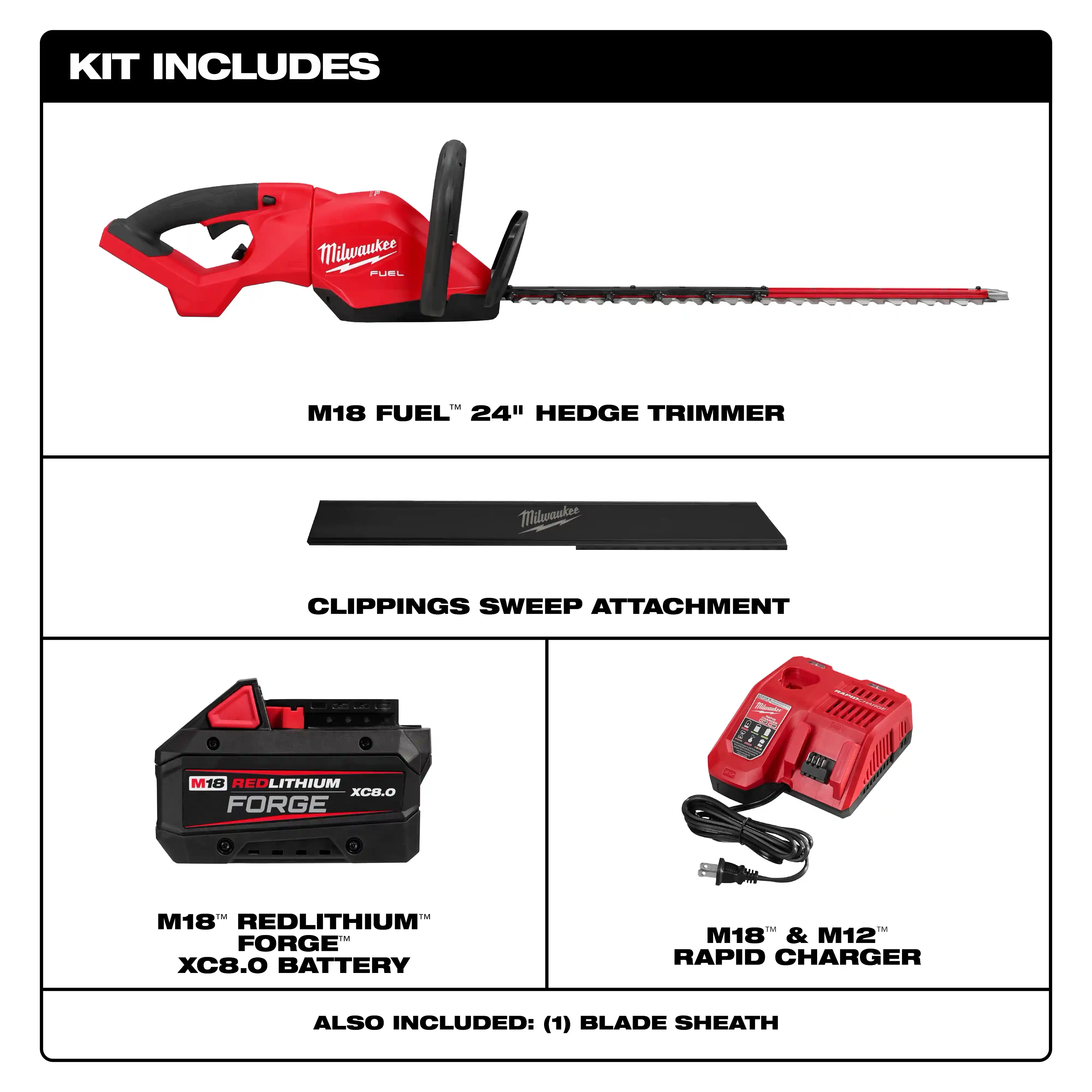 Main 2 - MILWAUKEE M18 FUEL 24" HEDGE TRIMMER KIT w/ FORGE XC8.0 BATTERY & RAPID CHARGER -