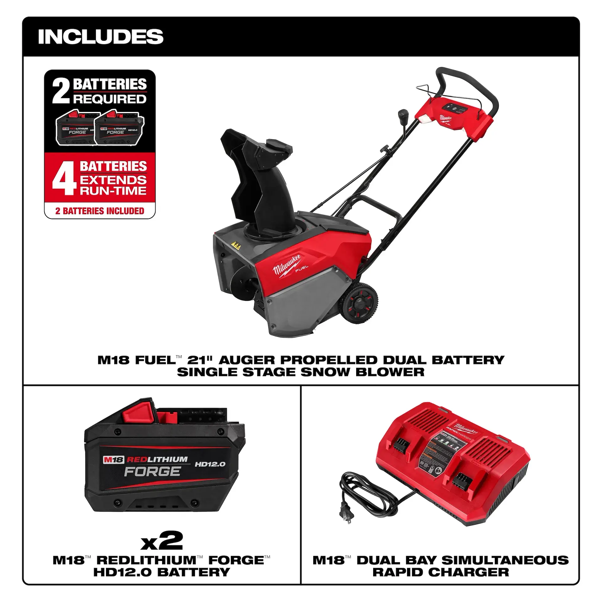 Main 4 - MILWAUKEE M18 FUEL 21” AUGER PROPELLED DUAL BATTERY SINGLE STAGE SNOW BLOWER KIT w/ BATTERY, CHARGER & SCRENCH -