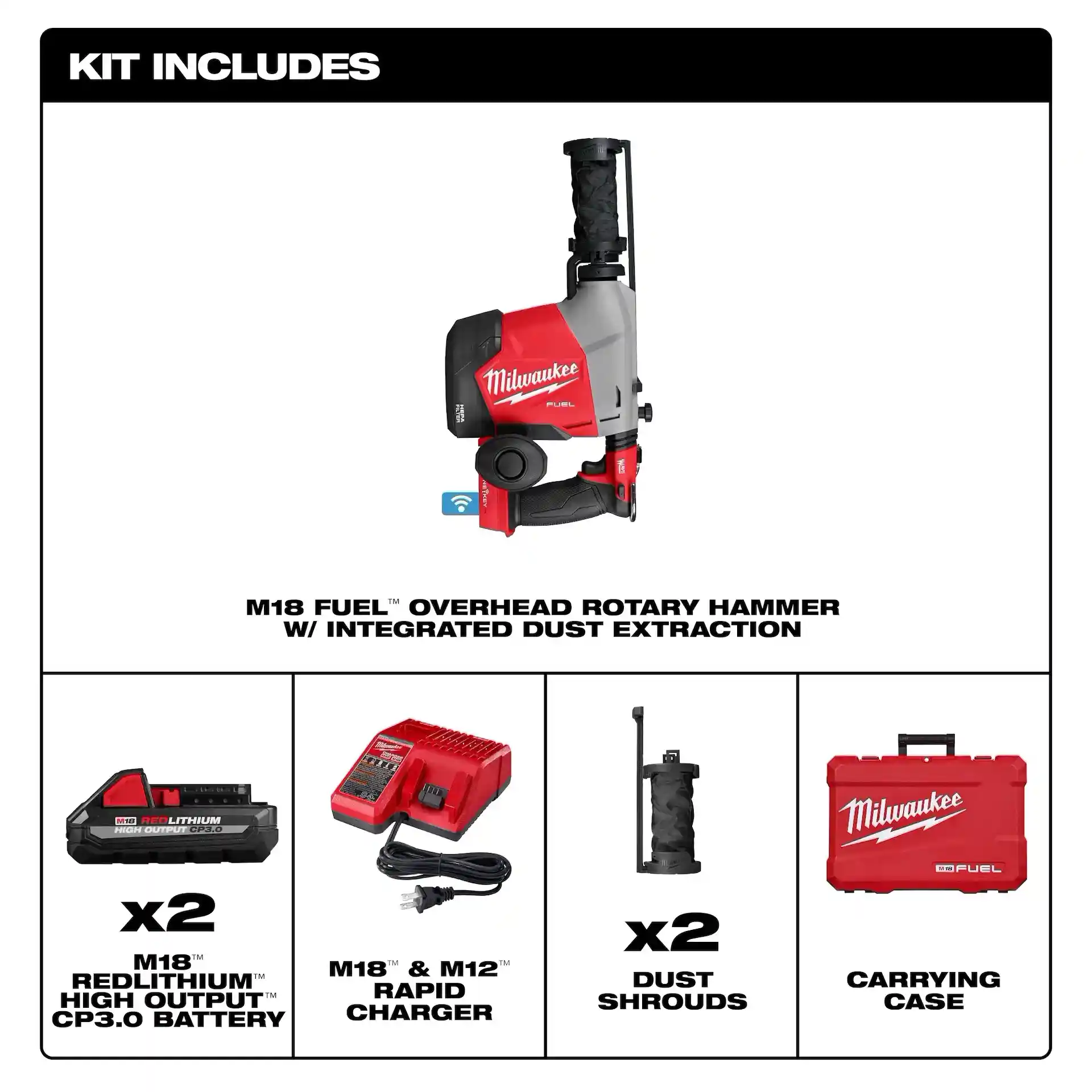 Main 3 - MILWAUKEE M18 FUEL OVERHEAD ROTARY HAMMER w/ INTEGRATED DUST EXTRACTION -