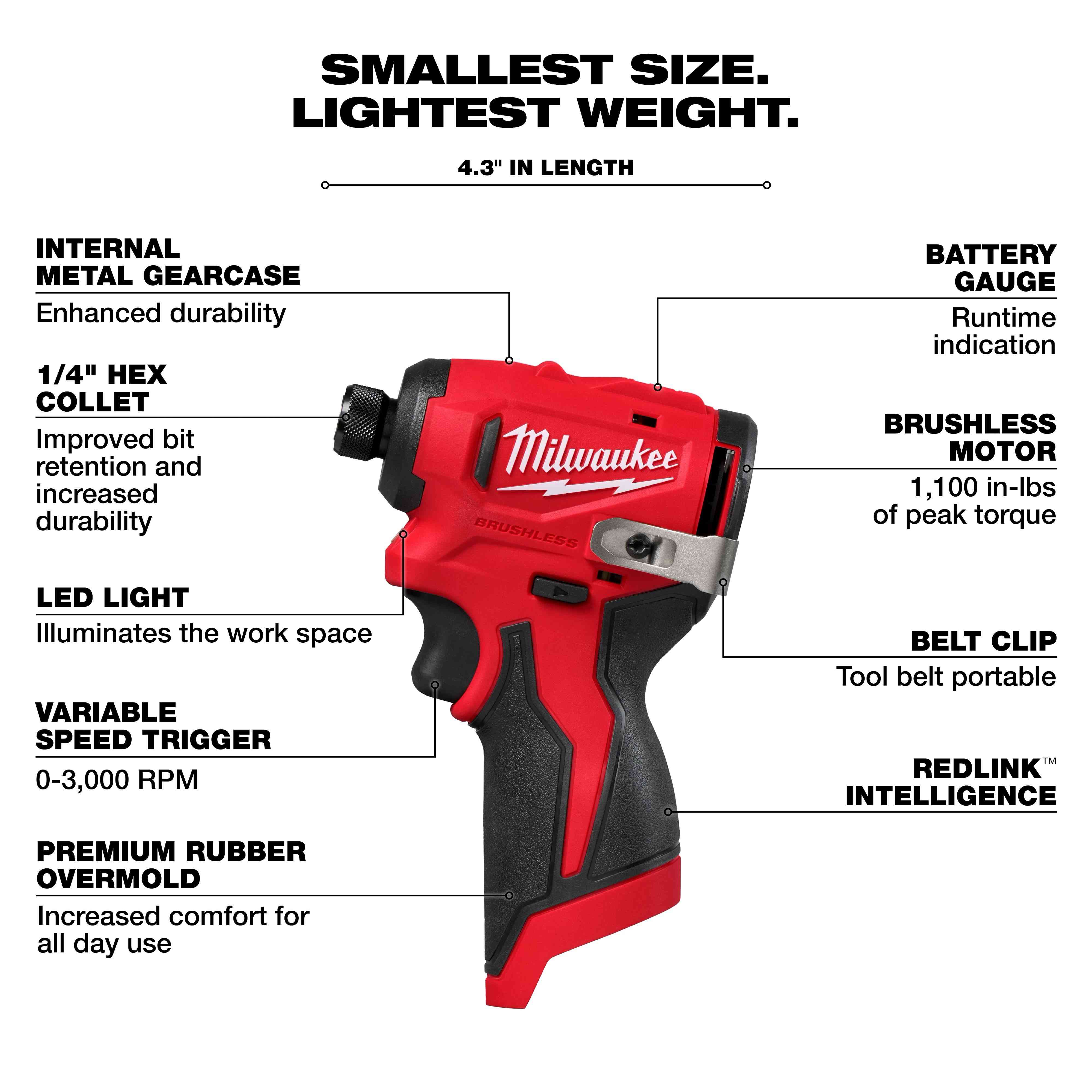 Main 2 - MILWAUKEE M12 SUBCOMPACT BRUSHLESS 1/4" HEX IMPACT DRIVER (TOOL ONLY) -