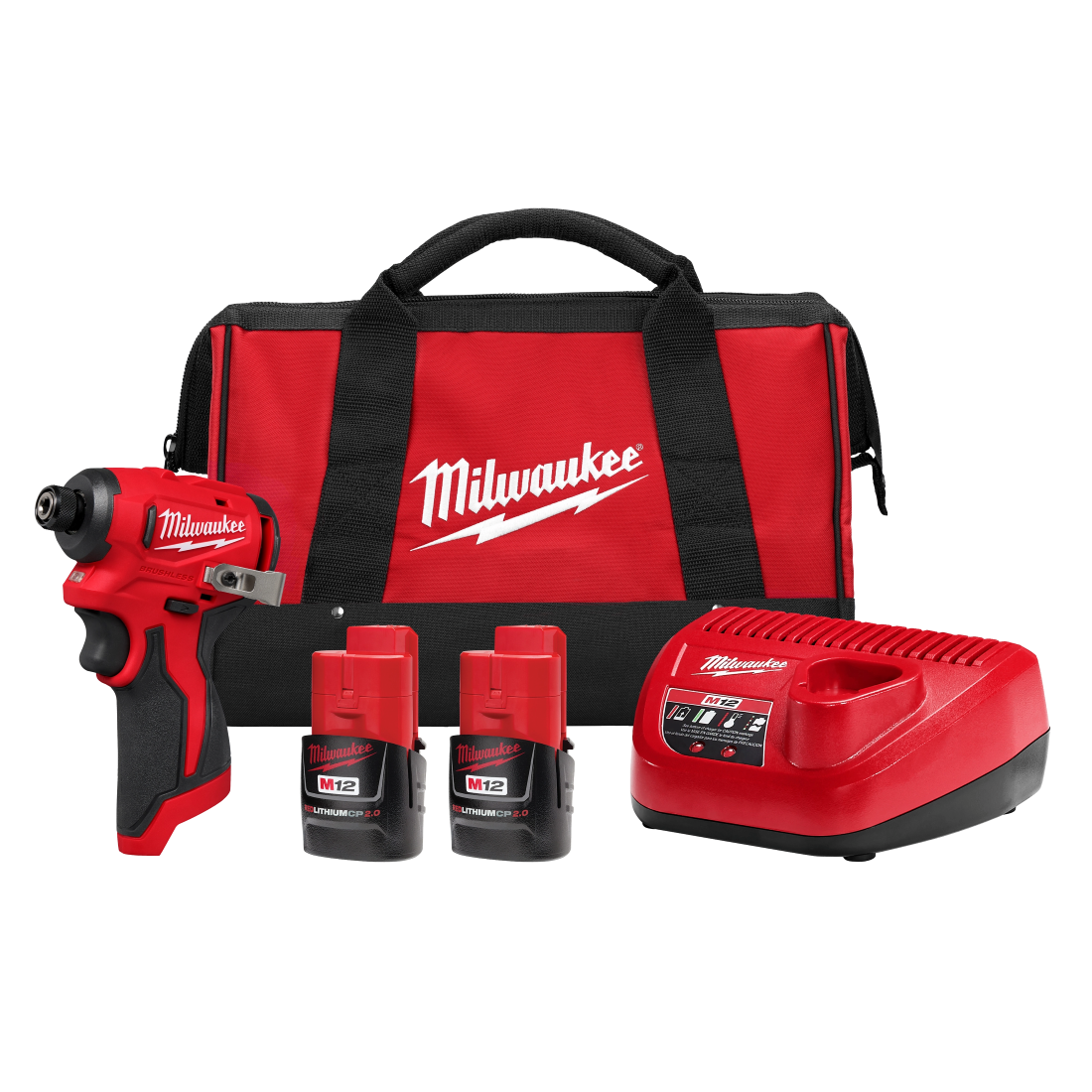 MILWAUKEE M12 SUBCOMPACT BRUSHLESS 1/4" IMPACT DRIVER KIT w/ (2) CP2.0 BATTERY PACKS, CHARGER & BAG - Kilrich Building Centres