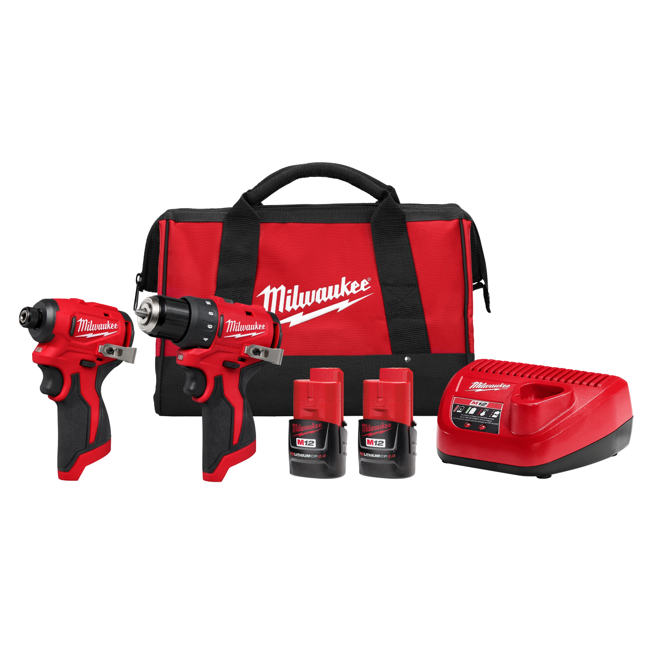 MILWAUKEE M12 SUBCOMPACT BRUSHLESS 2-TOOL COMBO KIT w/ 3/8" DRIVER, 1/4" HEX IMPACT, (2) CP2.0 BATTERIES, CHARGER & BAG - Kilrich Building Centres