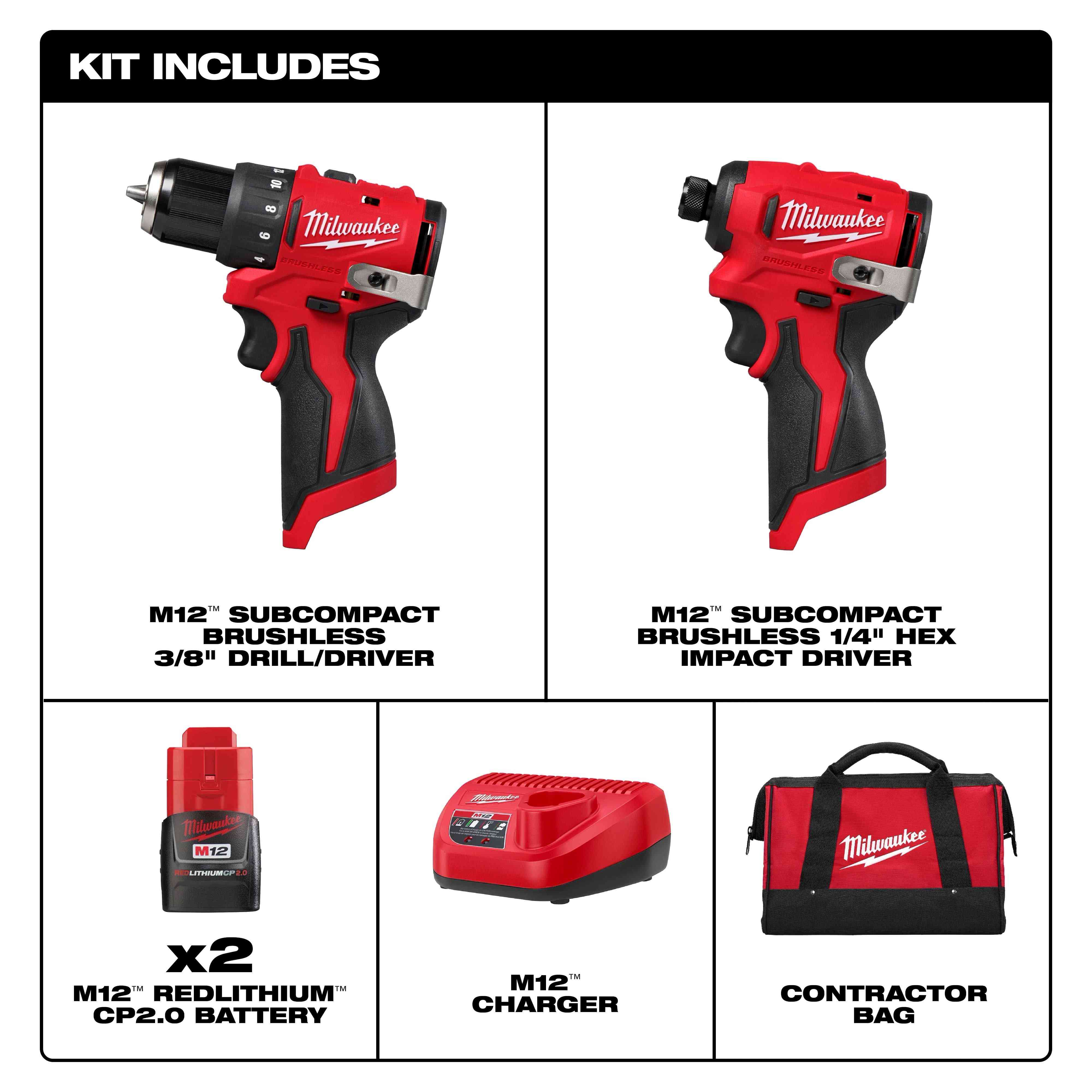 Main 2 - MILWAUKEE M12 SUBCOMPACT BRUSHLESS 2-TOOL COMBO KIT w/ 3/8" DRIVER, 1/4" HEX IMPACT, (2) CP2.0 BATTERIES, CHARGER & BAG -