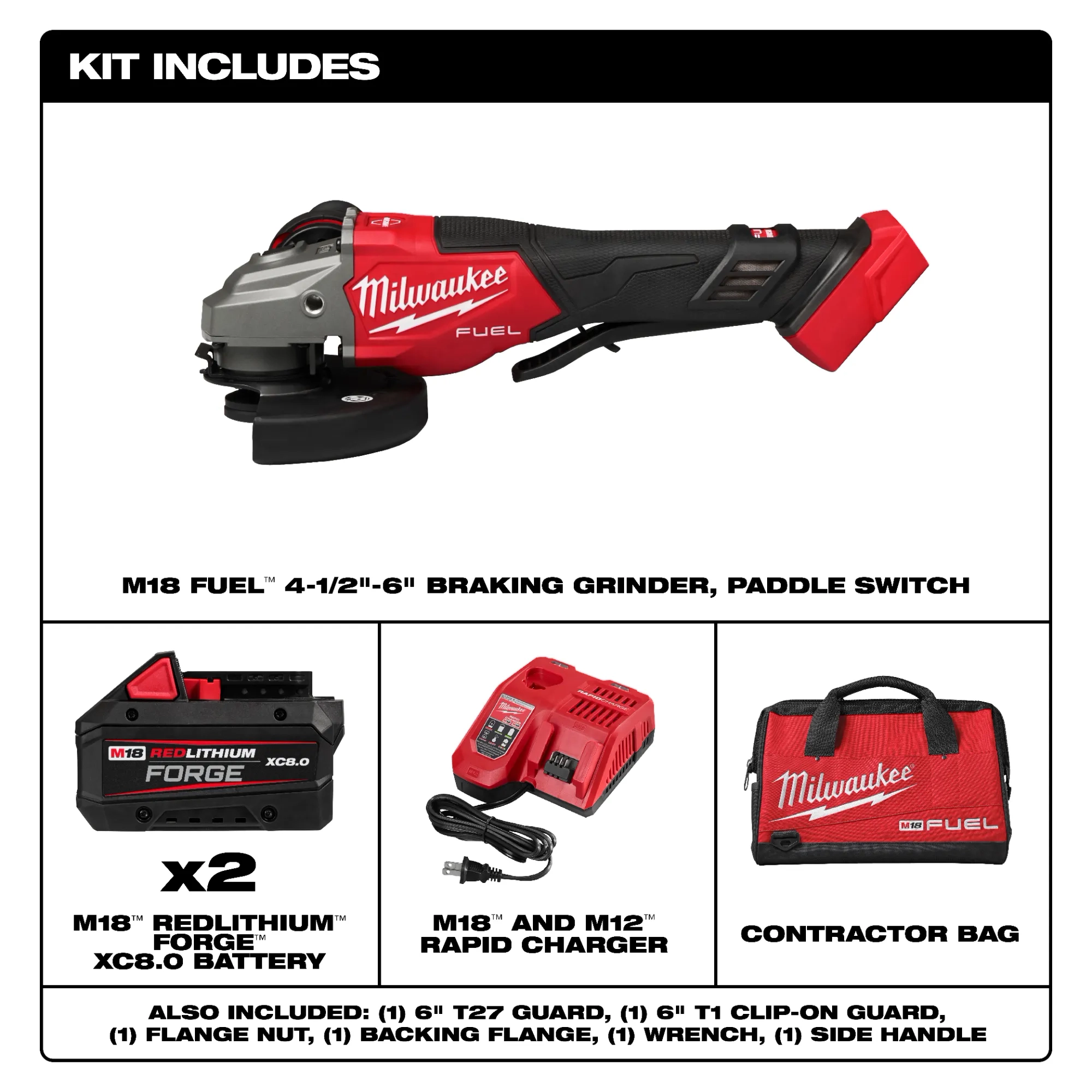 Main 2 - MILWAUKEE M18 FUEL 4-1/2" - 6" BRAKING GRINDER & PADDLE SWITCH KIT w/ (2) FORGE XC8.0 BATTERIES & RAPID CHARGER -
