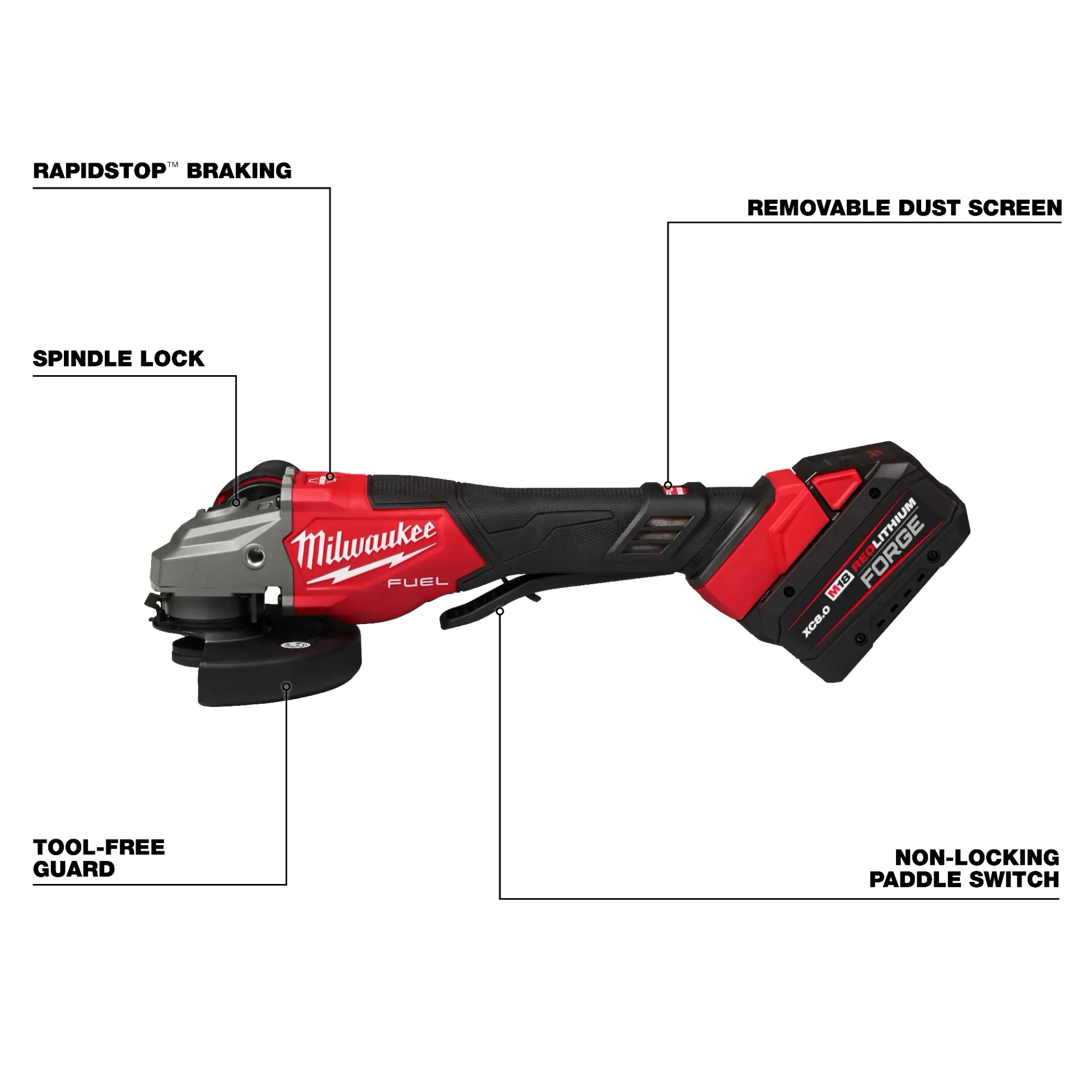 Main 3 - MILWAUKEE M18 FUEL 4-1/2" - 6" BRAKING GRINDER & PADDLE SWITCH KIT w/ (2) FORGE XC8.0 BATTERIES & RAPID CHARGER -