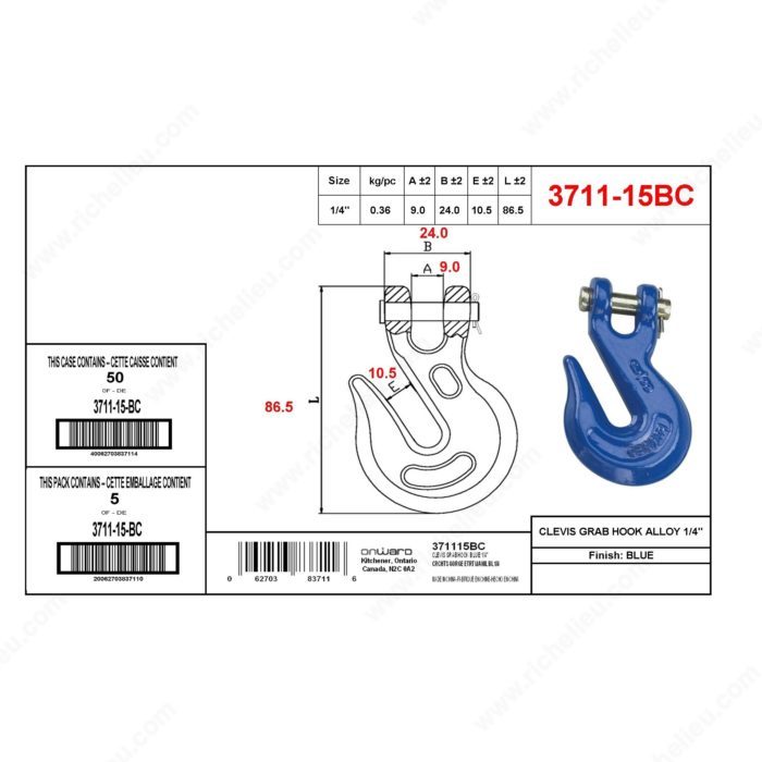Main 2 - 1/4" CLEVIS GRAB HOOK - BLUE -