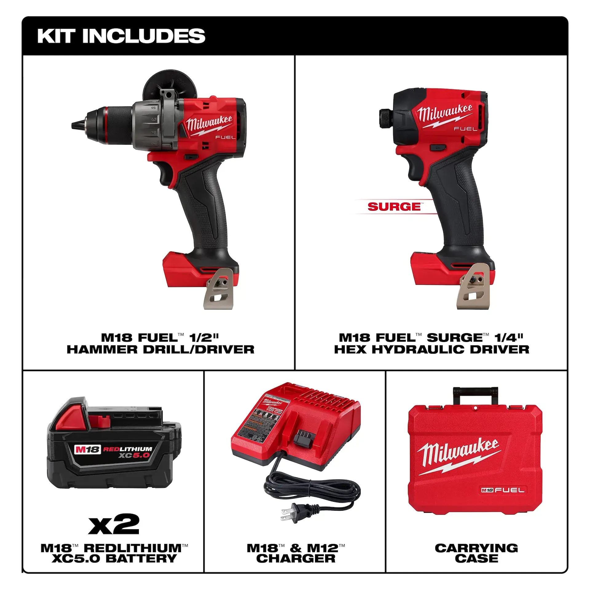 Main 4 - MILWAUKEE M18 FUEL GEN II 2-TOOL HAMMER DRILL & SURGE HYRDRAULIC DRIVER COMBO KIT -
