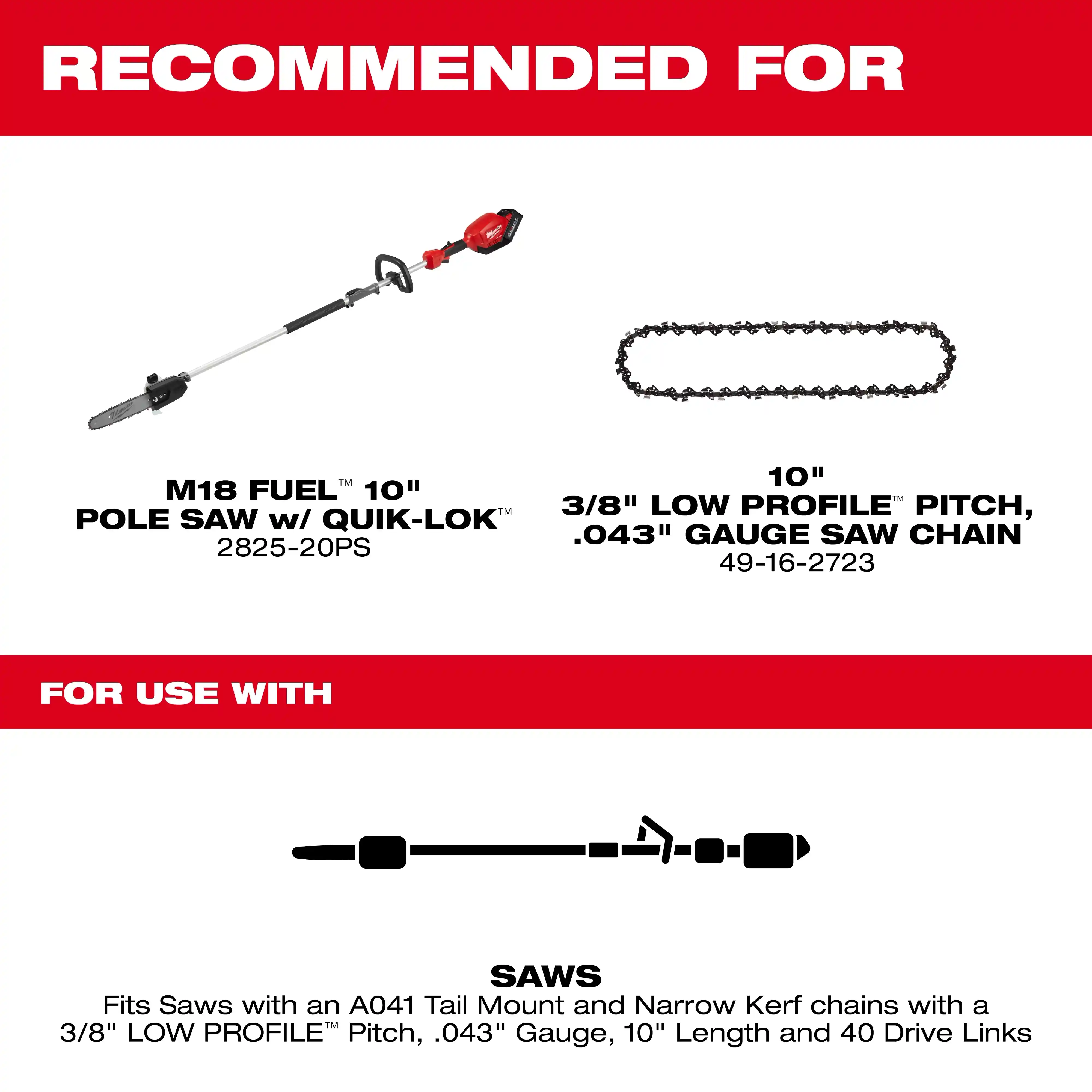 Main 2 - MILWAUKEE 10" 3/8" LOW PROFILE PITCH, .043" GAUGE GUIDE BAR -