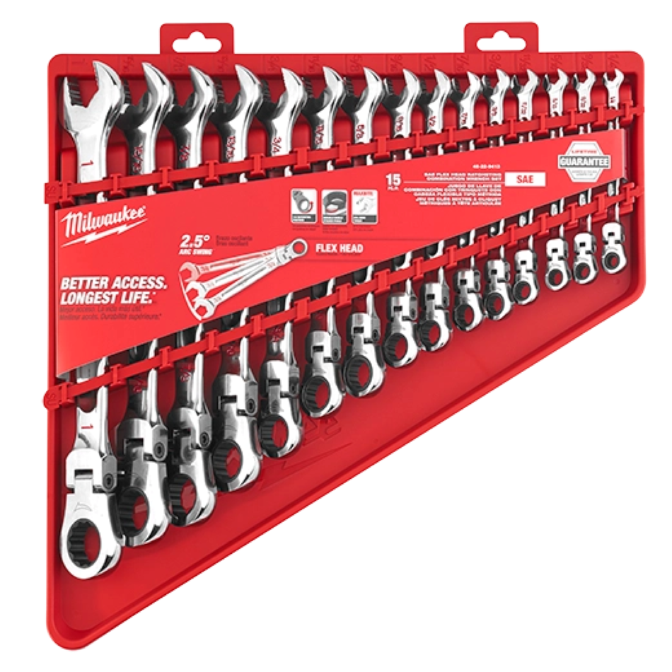Main 2 - MILWAUKEE SAE FLEX-HEAD COMBO WRENCH (15 PIECES) -