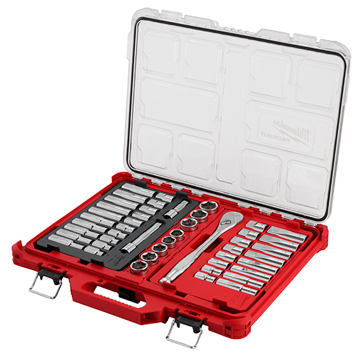 MILWAUKEE 1/2" DRIVE RATCHET & SOCKET SET (47 PIECES) w/ PACKOUT LOW-PROFILE ORGANIZER - Kilrich Building Centres