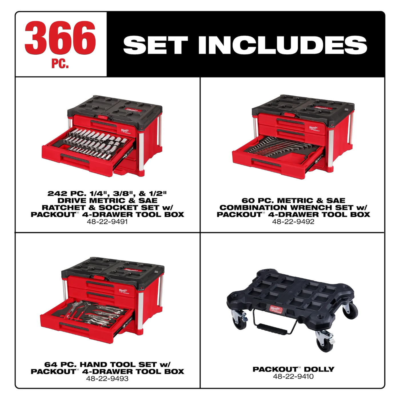 Main 2 - MILWAUKEE MASTERMECHANICS HAND TOOL SET w/ PACKOUT DRAWERS AND DOLLY (366 PIECES) -