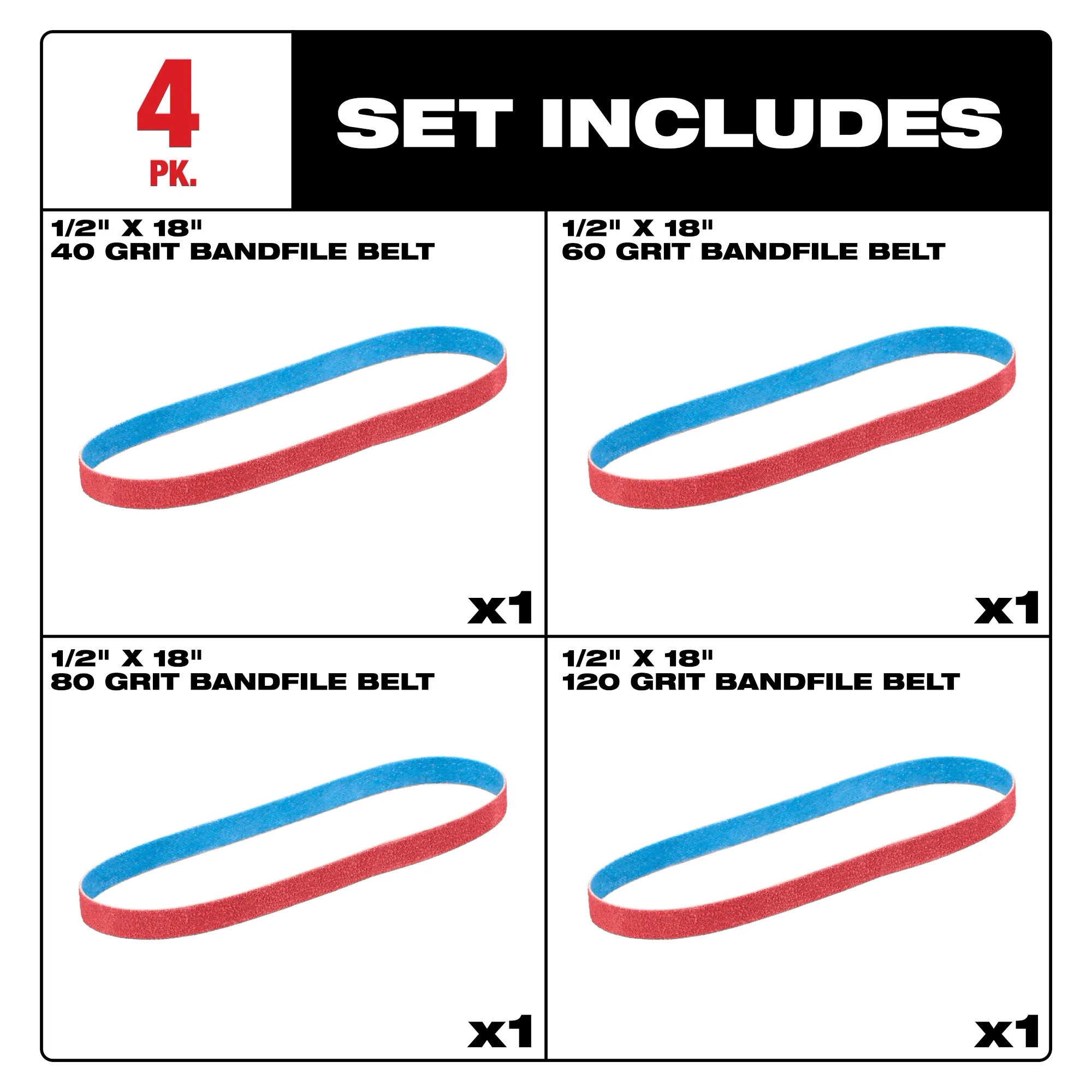 Main 2 - MILWAUKEE 1/2” x 18” VARIETY PACK 40/60/80/120 GRIT BANDFILE BELTS (4 PACK) -