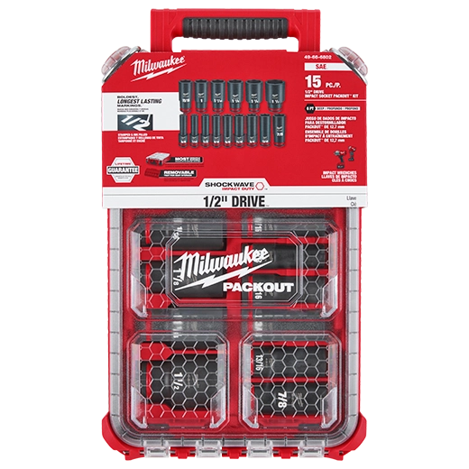 MILWAUKEE SHOCKWAVE IMPACT DUTY SOCKET 1/2” DRIVE SAE PACKOUT SET (15 PIECES) - Kilrich Building Centres