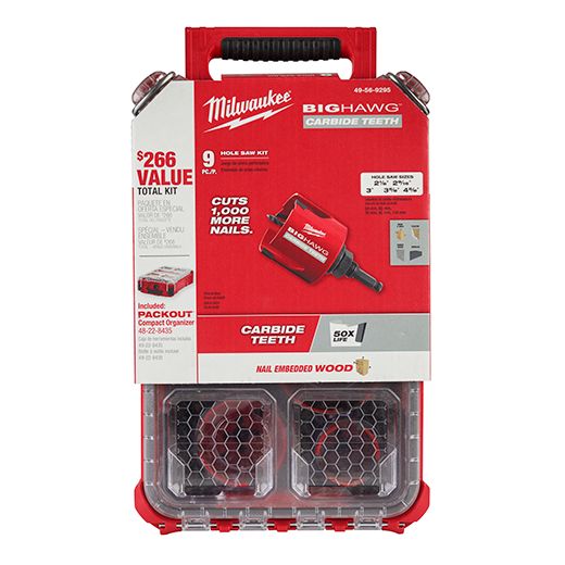 Main 2 - MILWAUKEE CARBIDE TEETH BIG HAWG HOLE SAW KIT w/ PACKOUT COMPACT ORGANIZER (9 PIECES) -