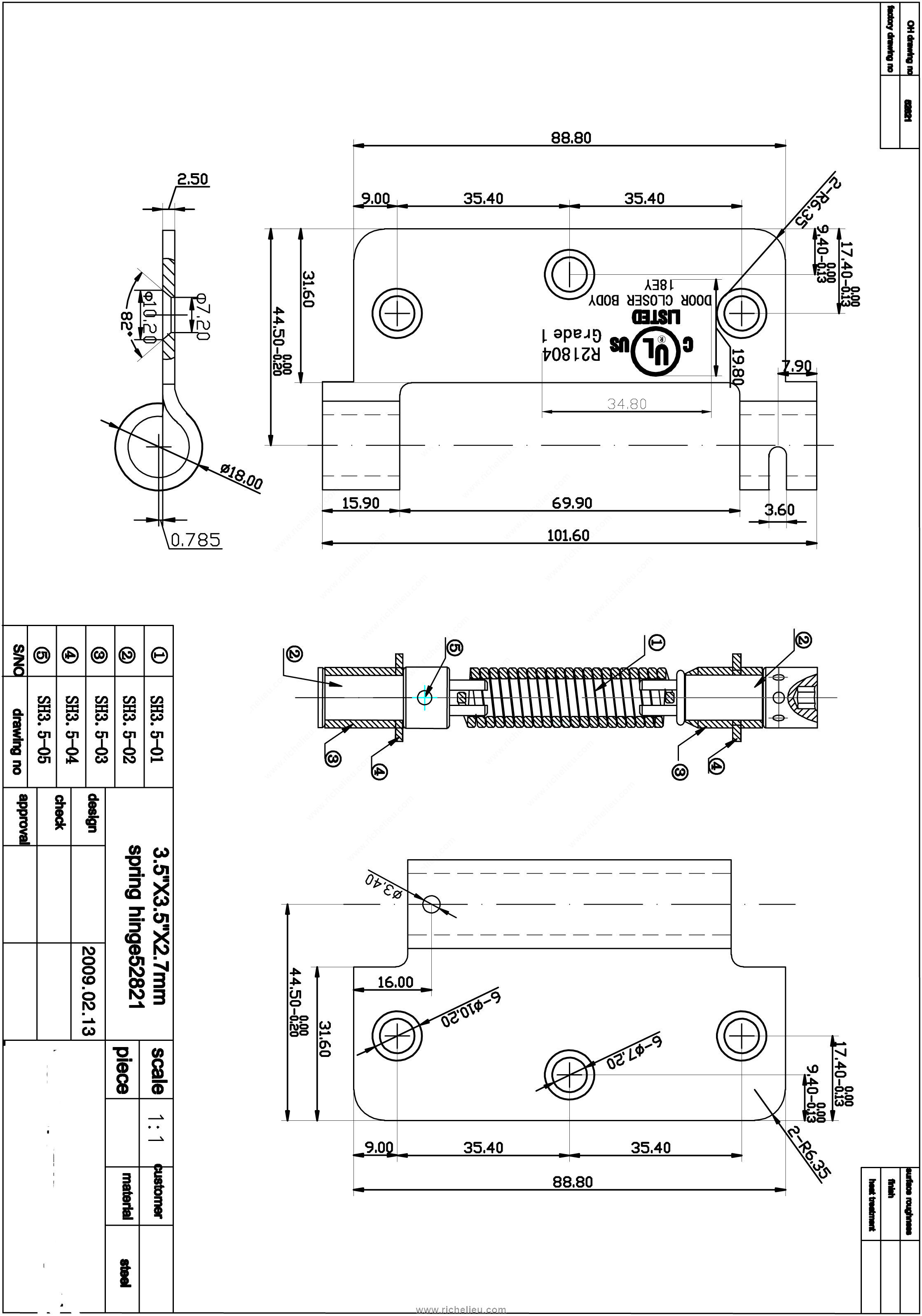 Main 2 - 3-1/2" x 3-1/2" ADJUSTABLE SPRING HINGE (1/4" RADIUS) - BRUSHED CHROME -