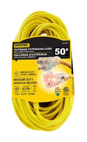 50' SHOPPRO 10/3 MEDIUM-DUTY EXTENSION CORD - YELLOW - Kilrich Building Centres
