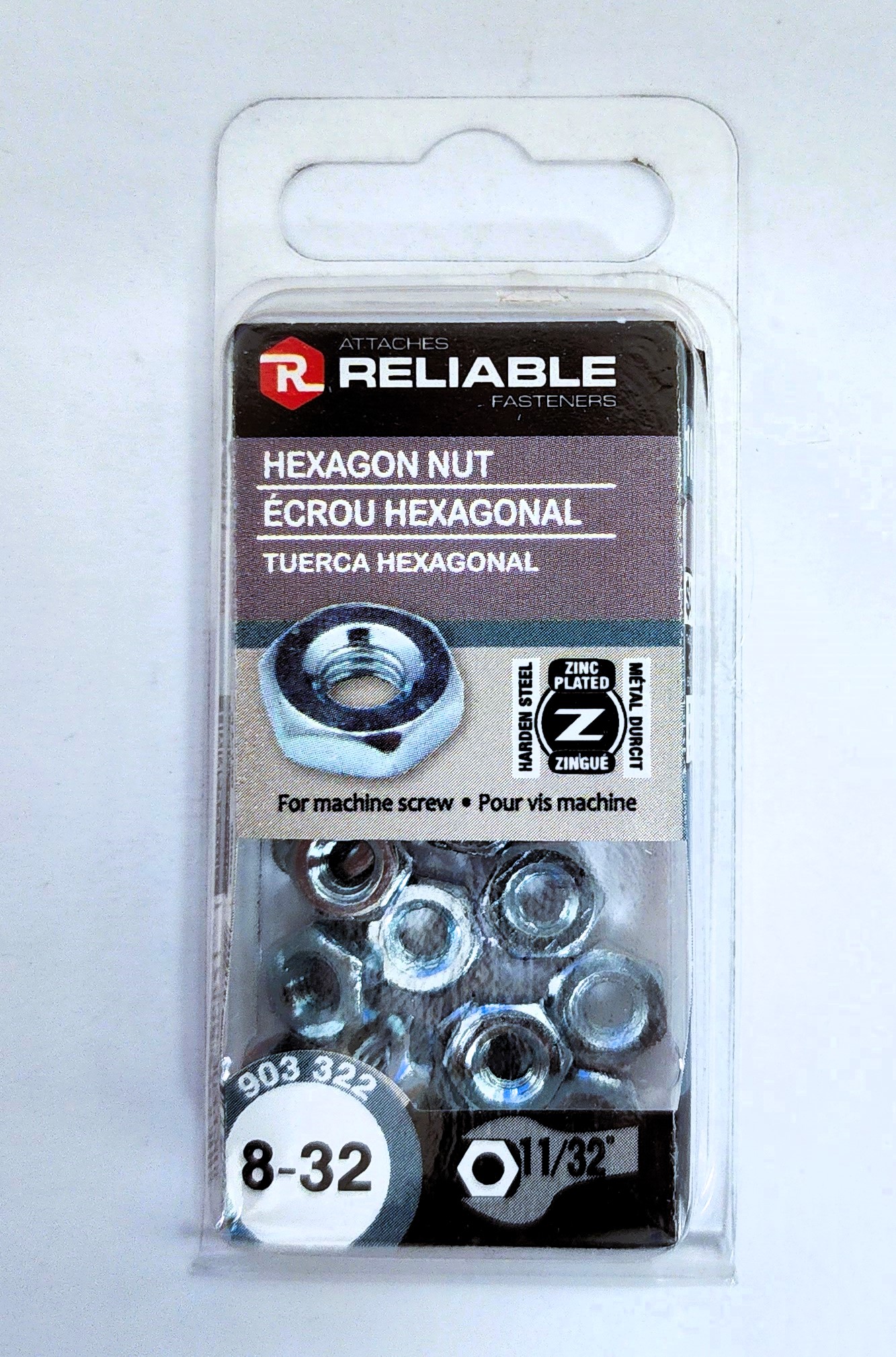 Main 2 - 8-32 MACHINE SCREW HEXAGON NUT - ZINC-COATED (18 PACK) -