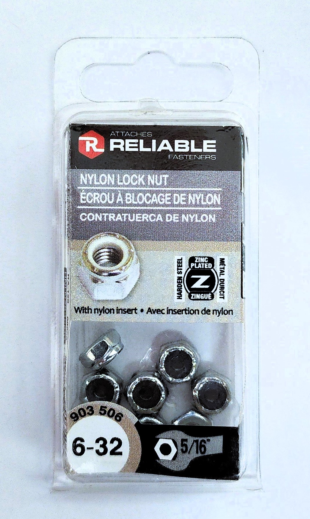 Main 2 - 6-32 HEXAGON NYLON LOCK NUT - ZINC-COATED (8 PACK) -