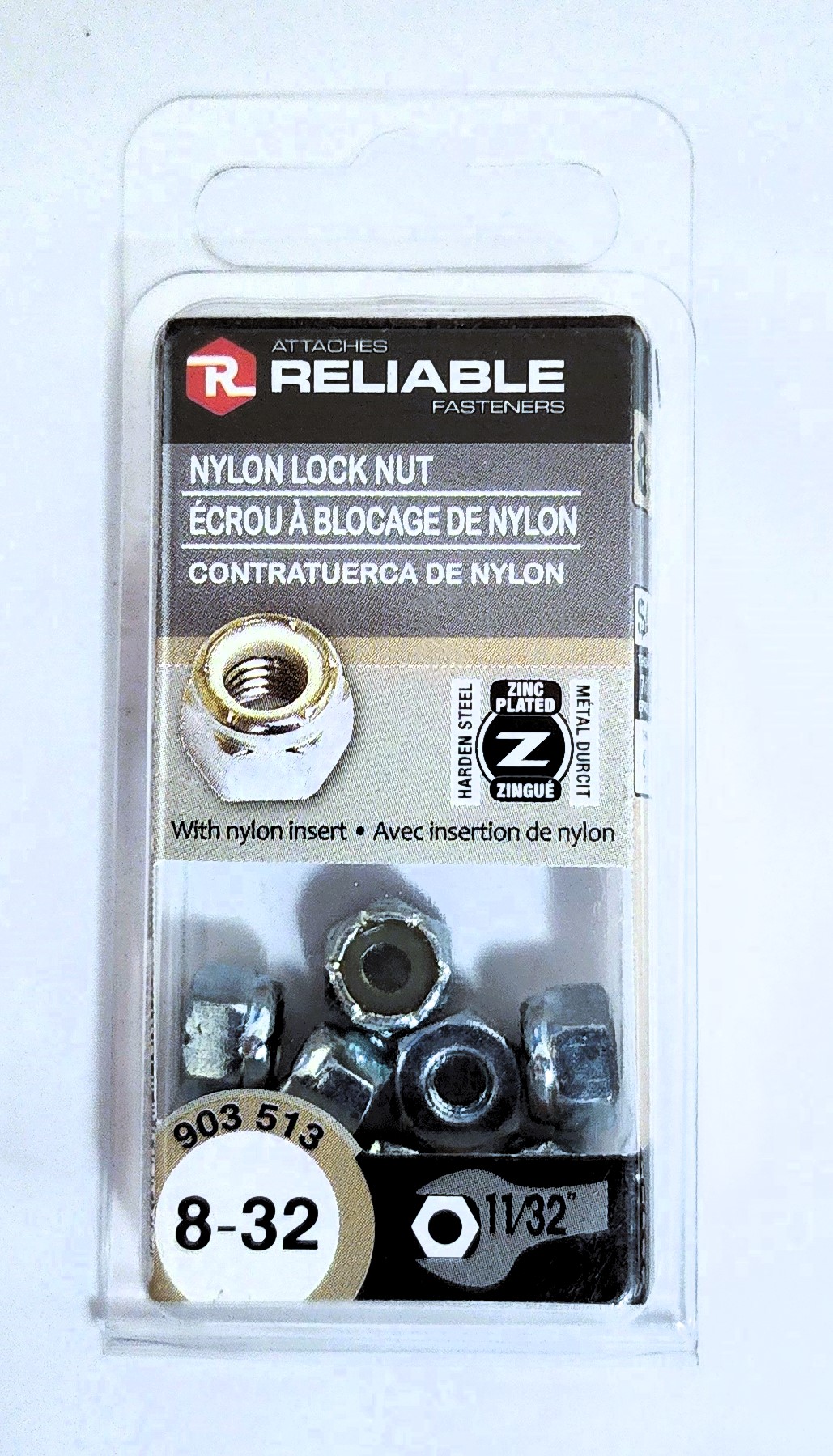 Main 2 - 8-32 HEXAGON NYLON LOCK NUT - ZINC-COATED (8 PACK) -