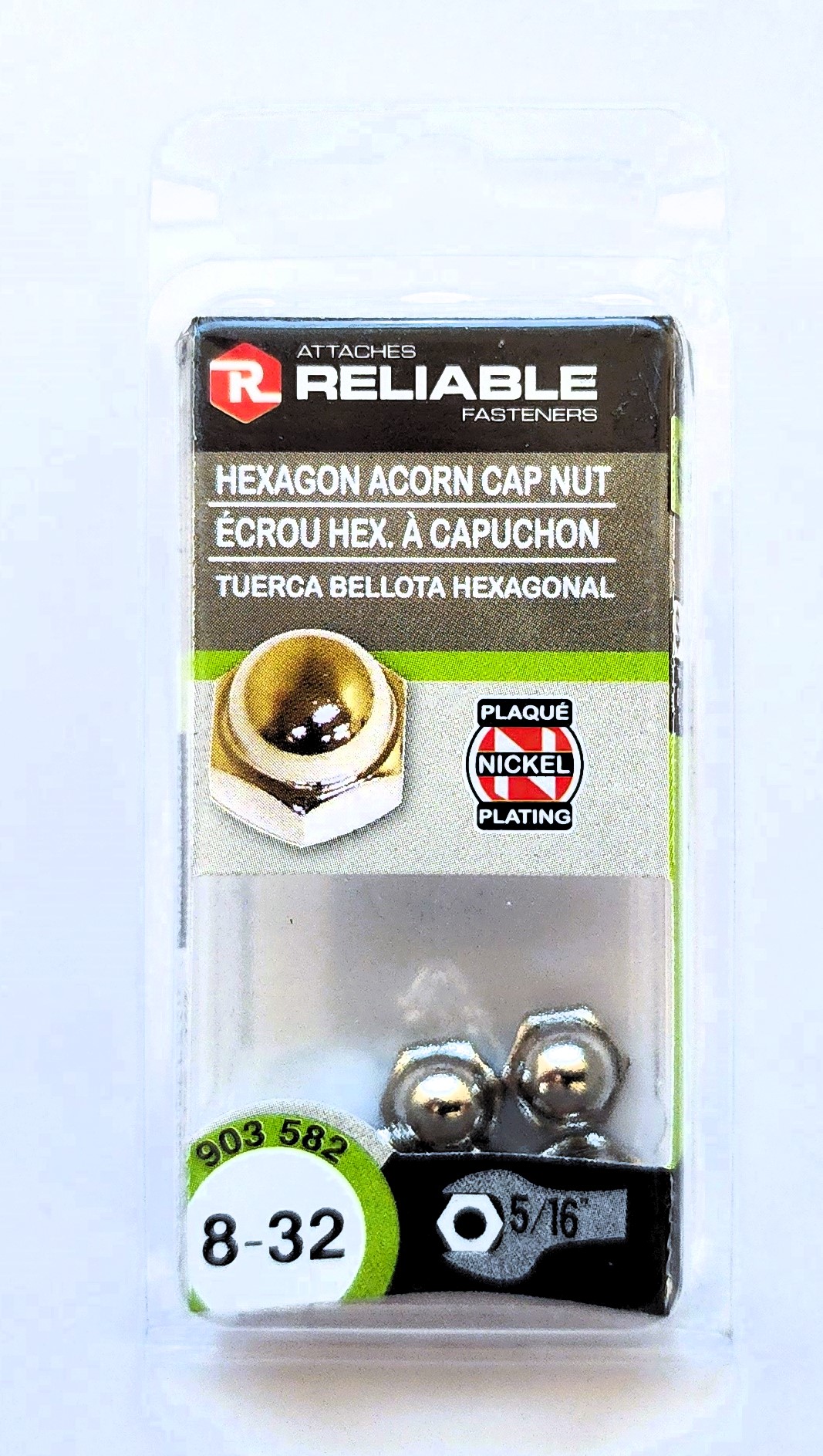Main 2 - 8-32 NICKEL-PLATED HEXAGON ACORN CAP NUT (6 PACK) -