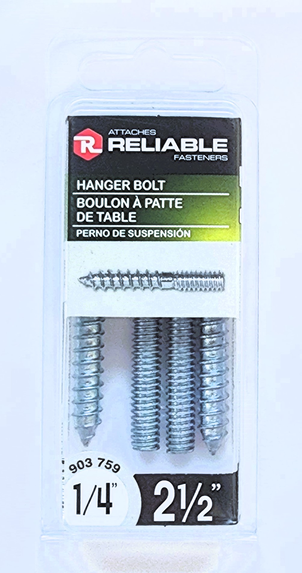 Main 2 - 2-1/2" - 1/4" HANGER BOLT - ZINC-COATED (4 PACK) -