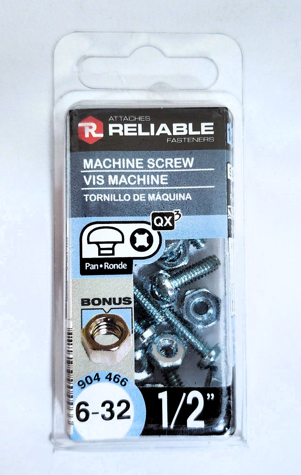 Main 2 - 1/2" 6-32 PAN-HEAD MACHINE SCREW w/ HEXAGON NUT - ZINC-COATED (12 PACK) -