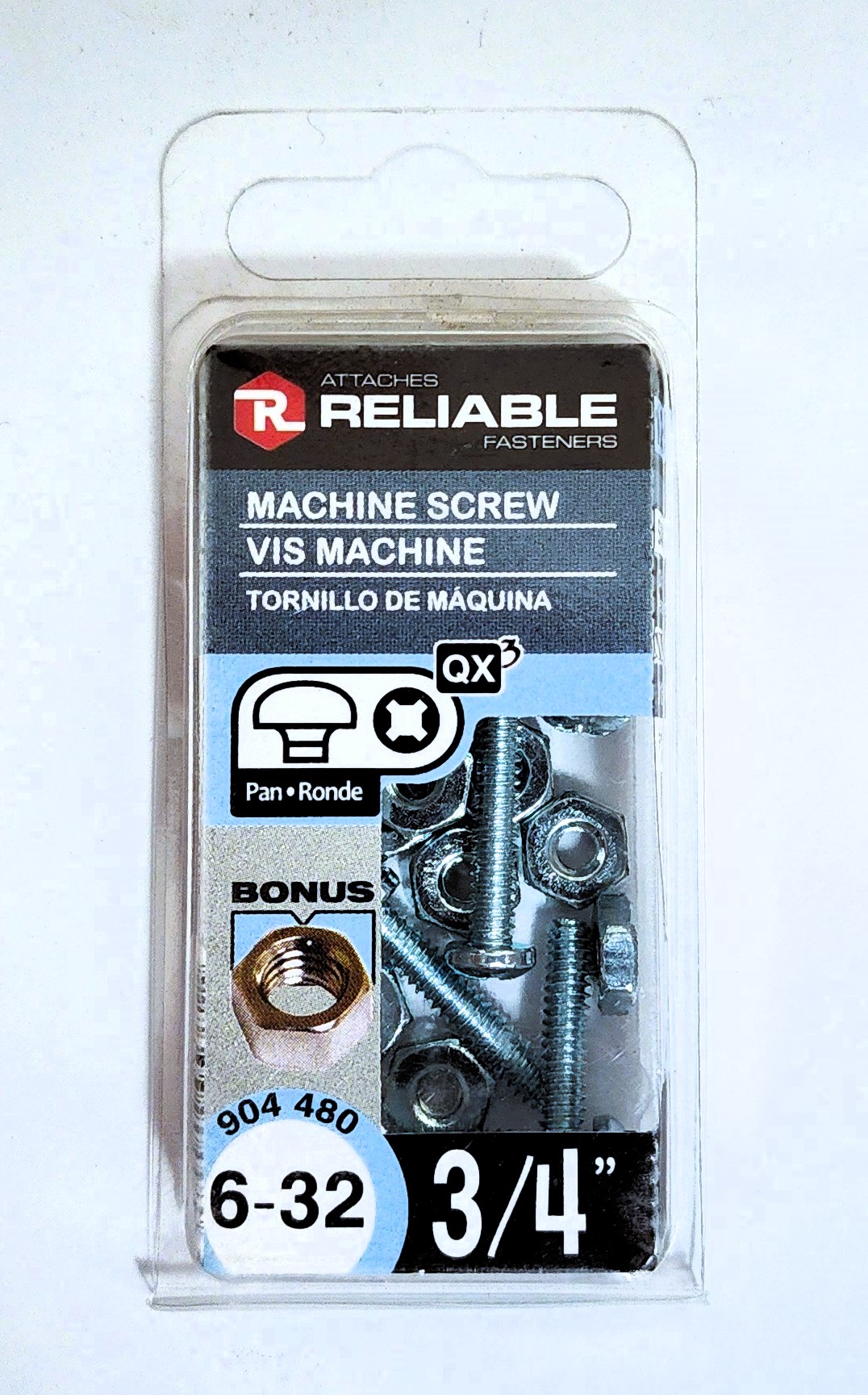 Main 2 - 3/4" 6-32 PAN-HEAD MACHINE SCREW w/ HEXAGON NUT - ZINC-COATED (12 PACK) -