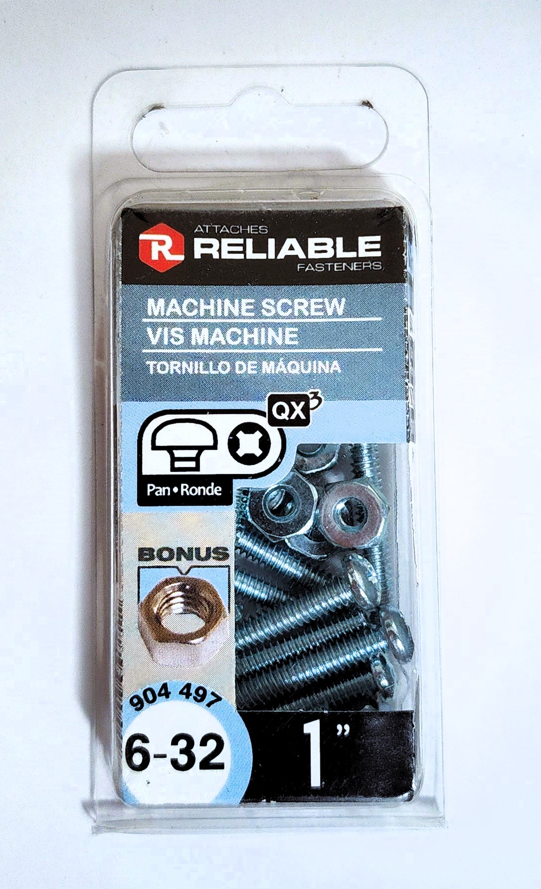 Main 2 - 1" 6-32 PAN-HEAD MACHINE SCREW w/ HEXAGON NUT - ZINC-COATED (12 PACK) -