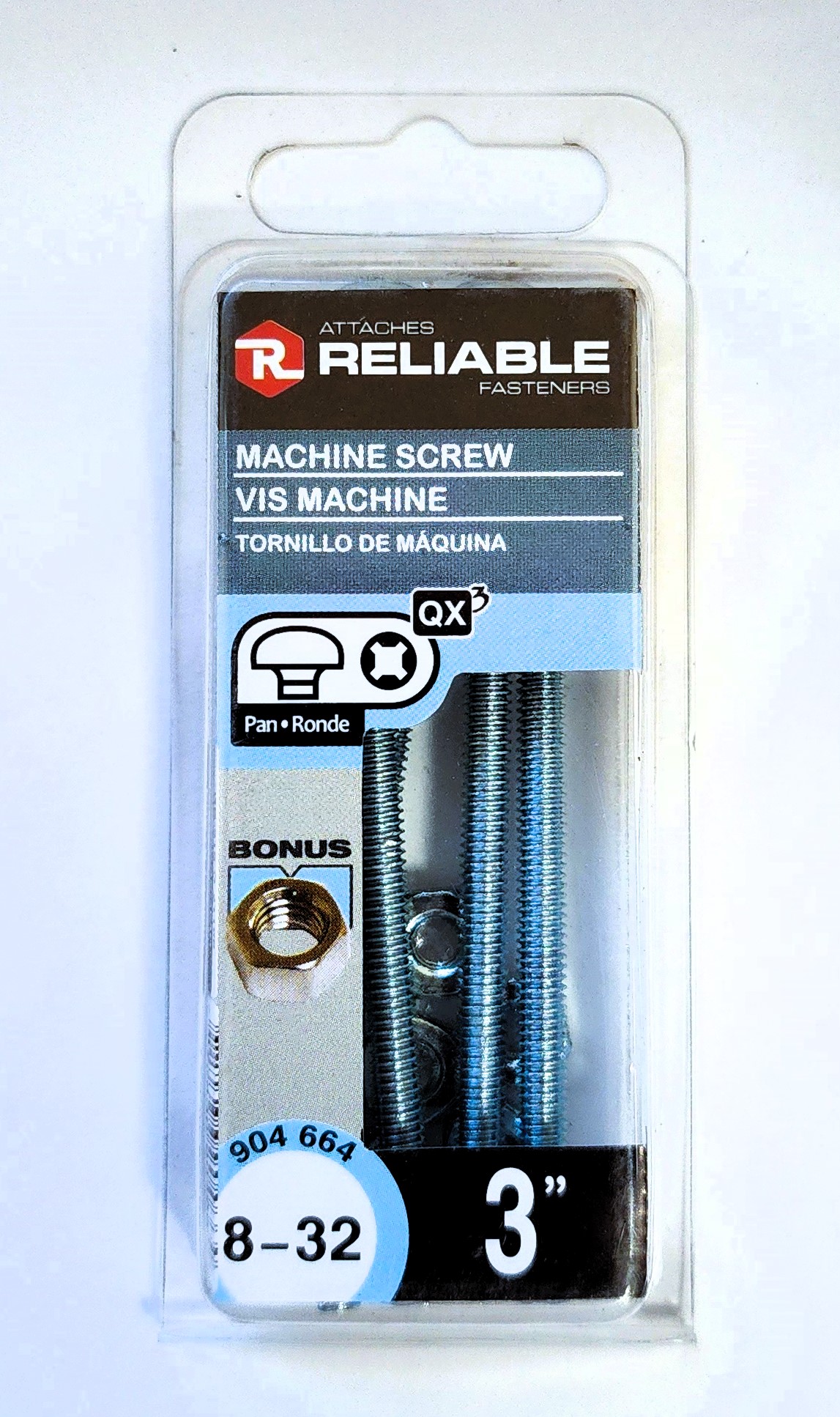 Main 2 - 3" 8-32 PAN-HEAD MACHINE SCREW w/ HEXAGON NUT - ZINC-COATED (6 PACK) -