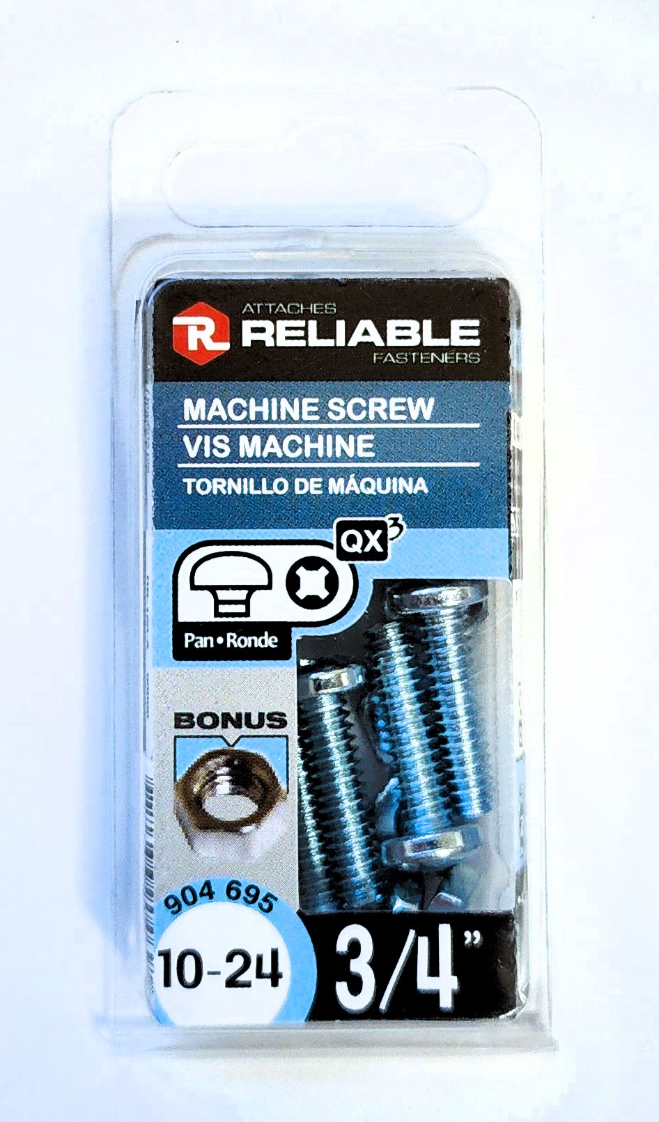 Main 2 - 3/4" 10-24 PAN-HEAD MACHINE SCREW w/ HEXAGON NUT - ZINC-COATED (10 PACK) -