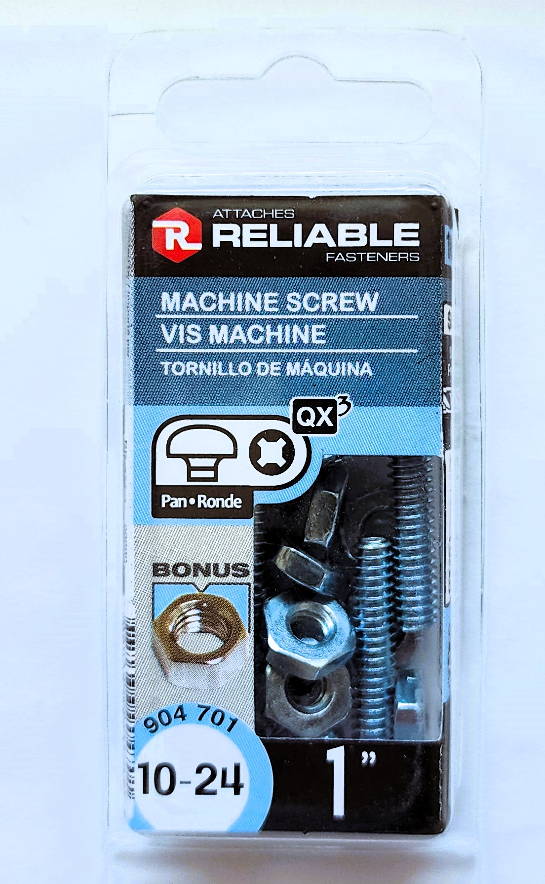 Main 2 - 1" 10-24 PAN-HEAD MACHINE SCREW w/ HEXAGON NUT - ZINC-COATED (10 PACK) -